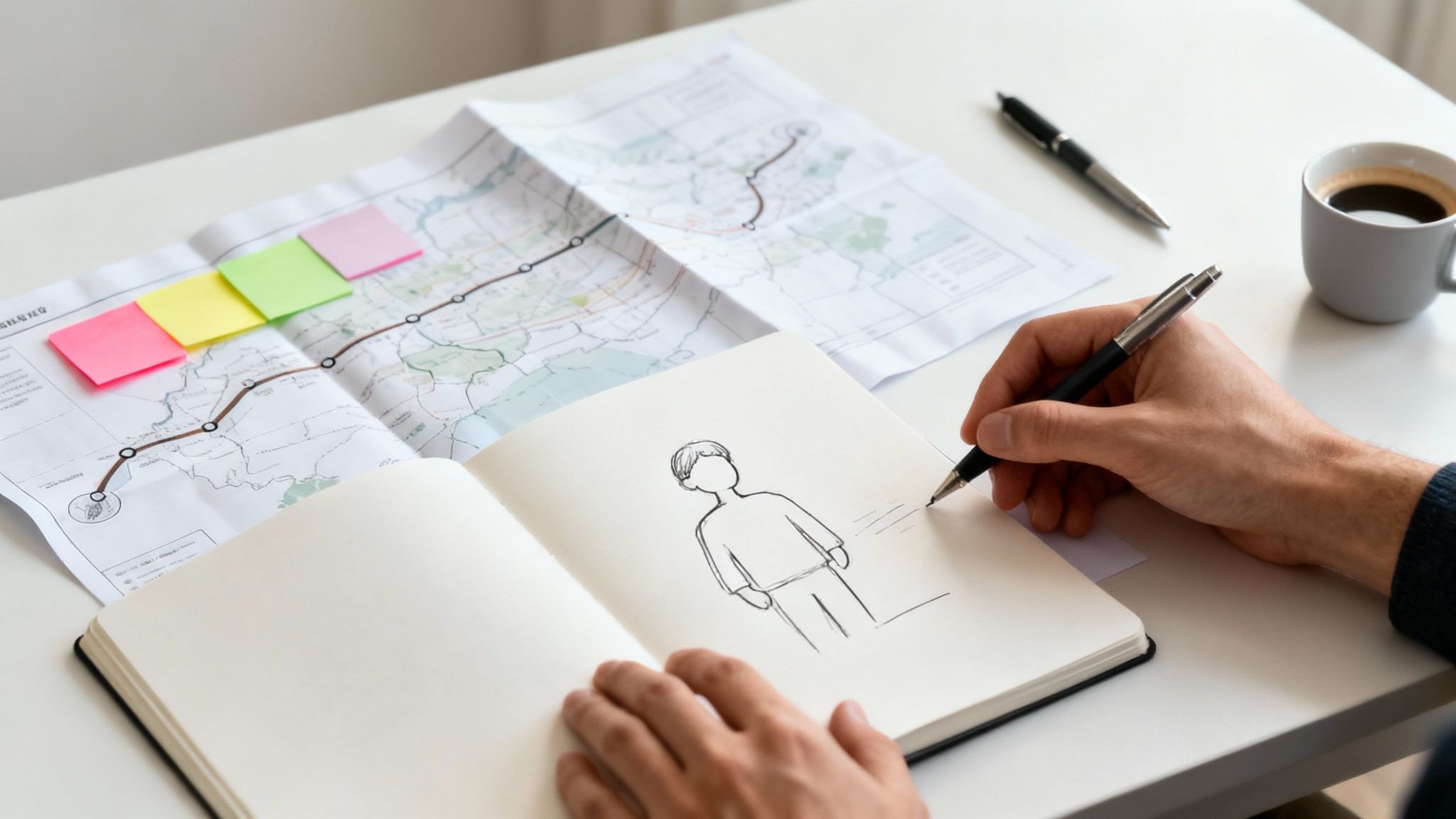 Close-up of hands drawing a simplified person in a notebook during a design or planning session.