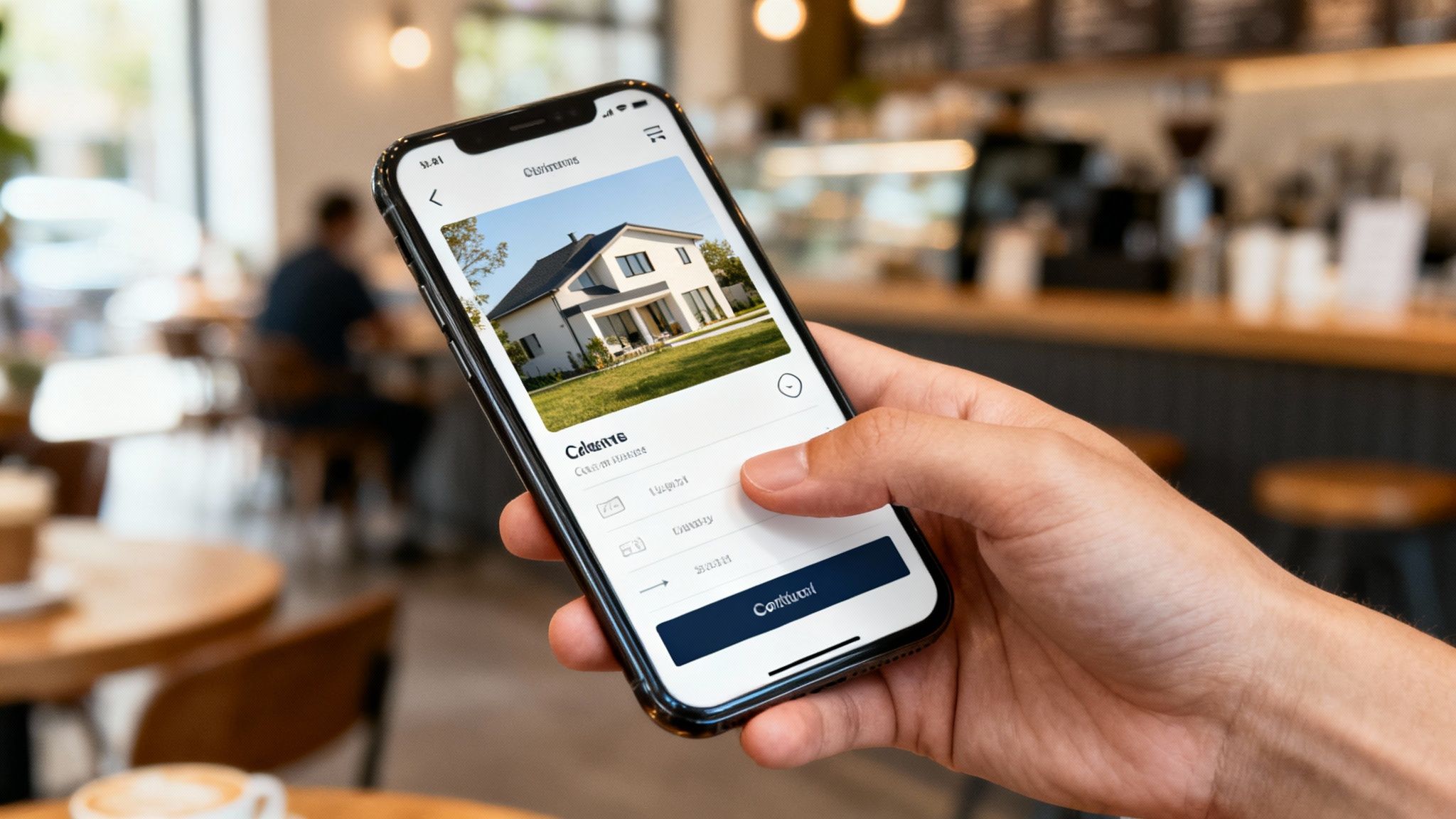 A hand holds a smartphone displaying a real estate app with a modern house listing in a cafe.