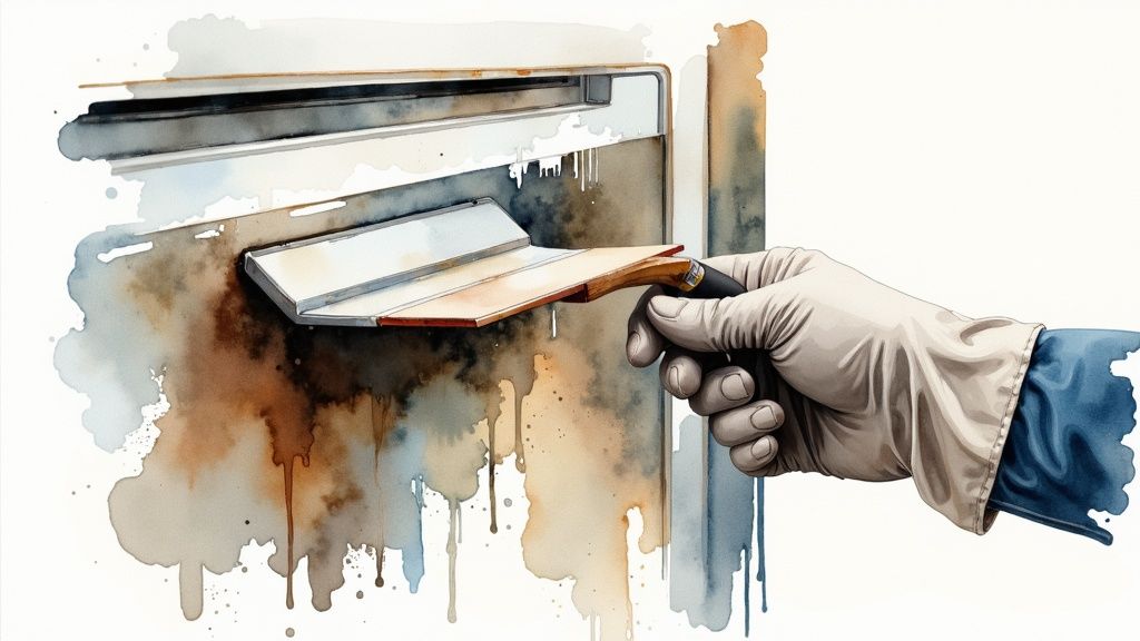 Close-up of stubborn baked-on stains on an oven door.