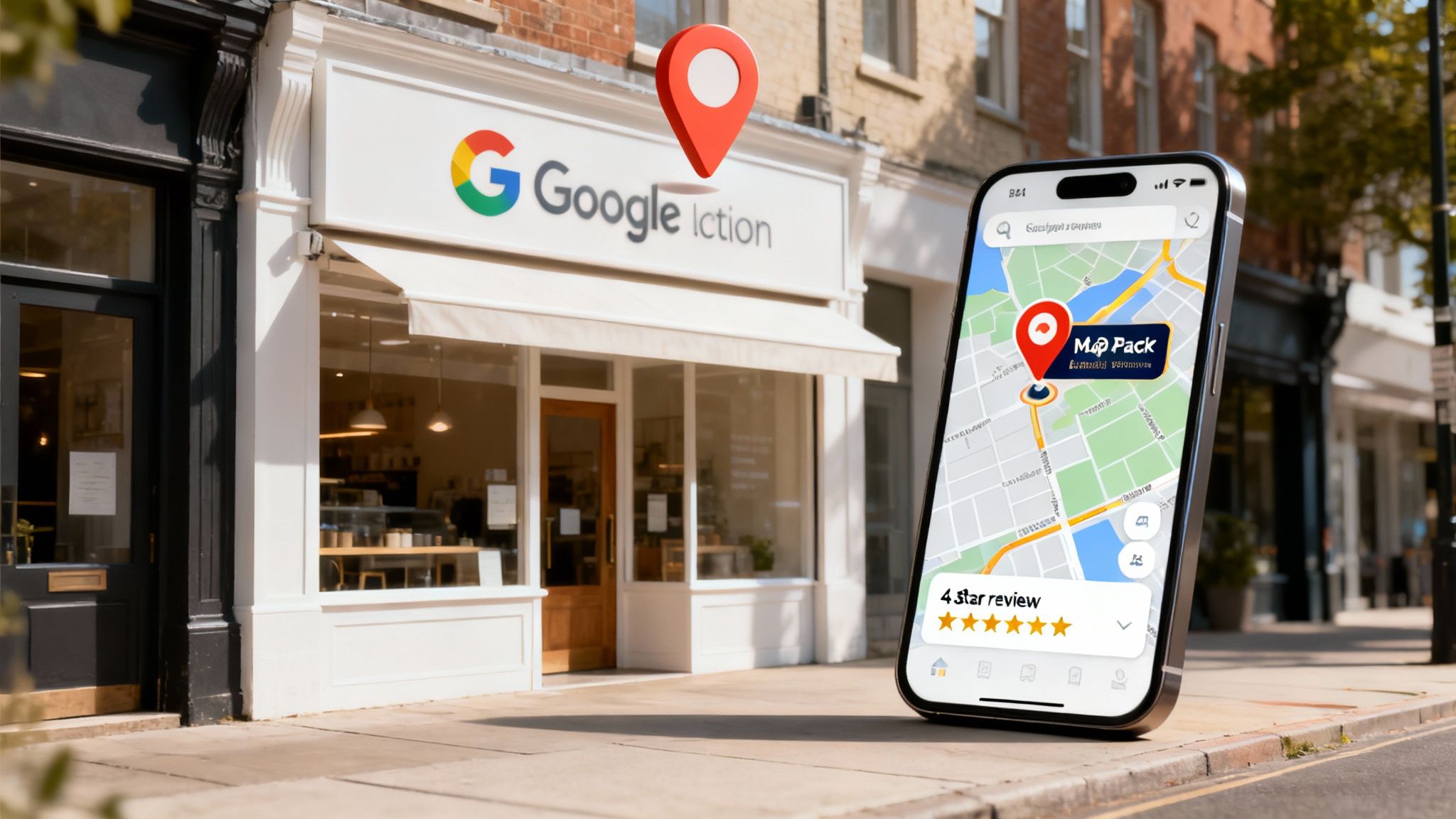 A Google-branded storefront with a large map pin and a smartphone displaying a 4-star local search review.