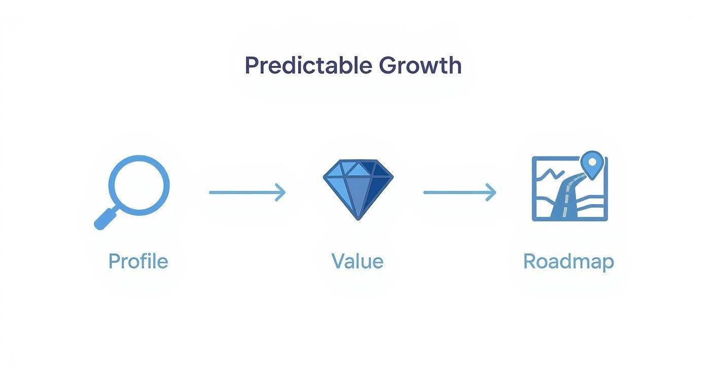 Infographic outlining the process for predictable growth, starting with profiling, then defining value, and ending with a roadmap.