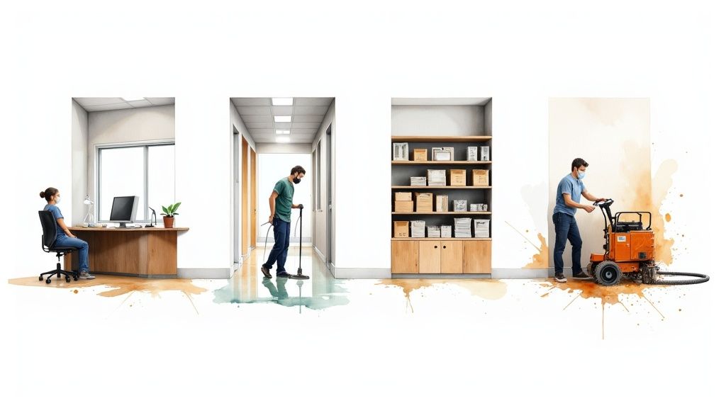 A commercial cleaner wiping down a large glass window in a retail store.