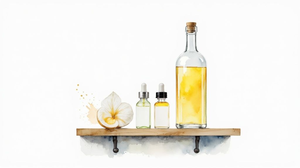A spray bottle, a bowl of white vinegar, and a small bottle of essential oil on a kitchen counter.