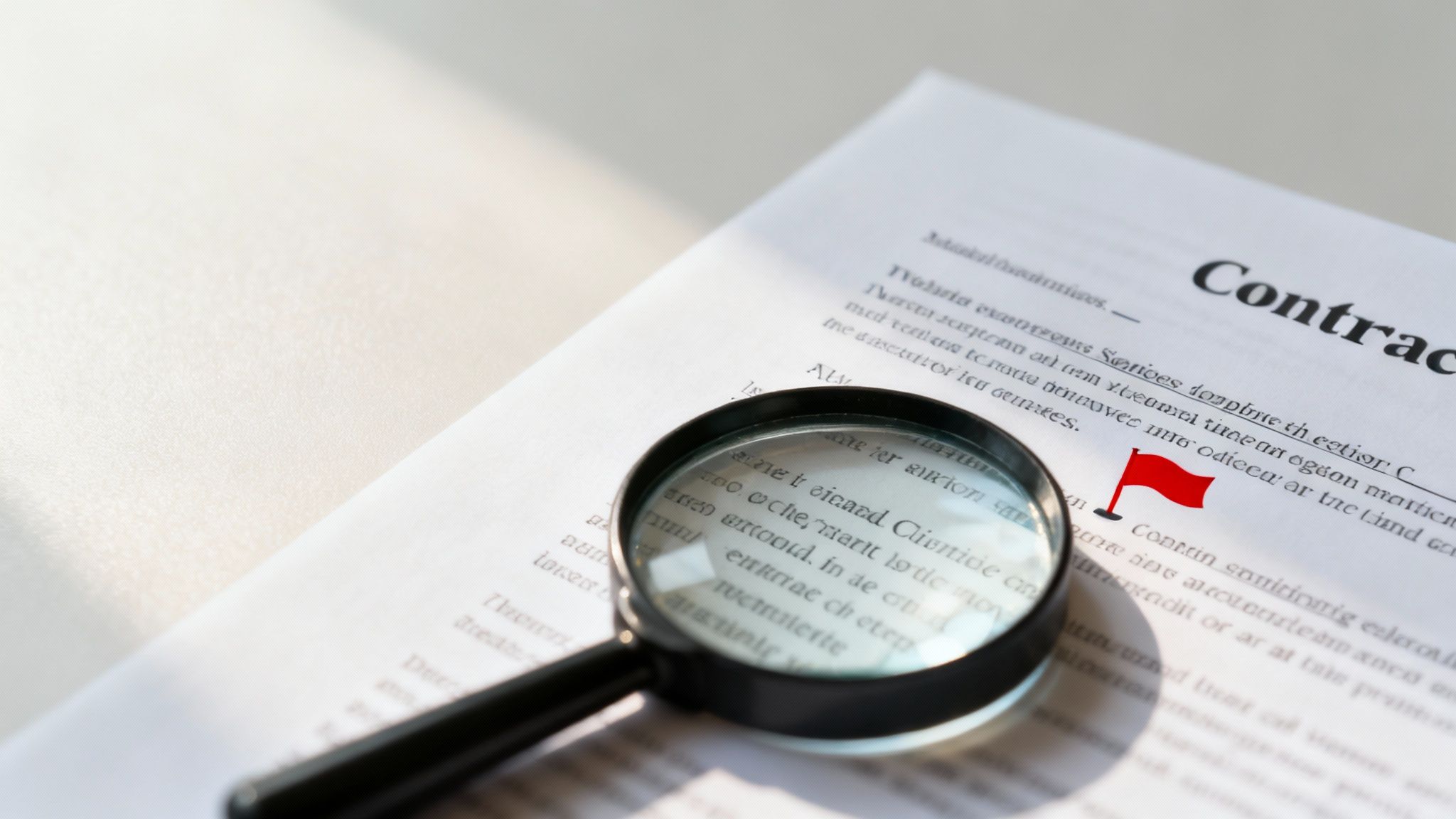 Magnifying glass examining contract document with red flag warning highlighting important terms and conditions