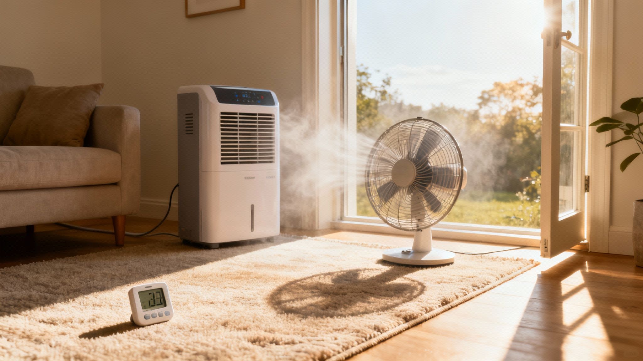 Dehumidifier and fan working together in sunny living room to prevent carpet mold growth