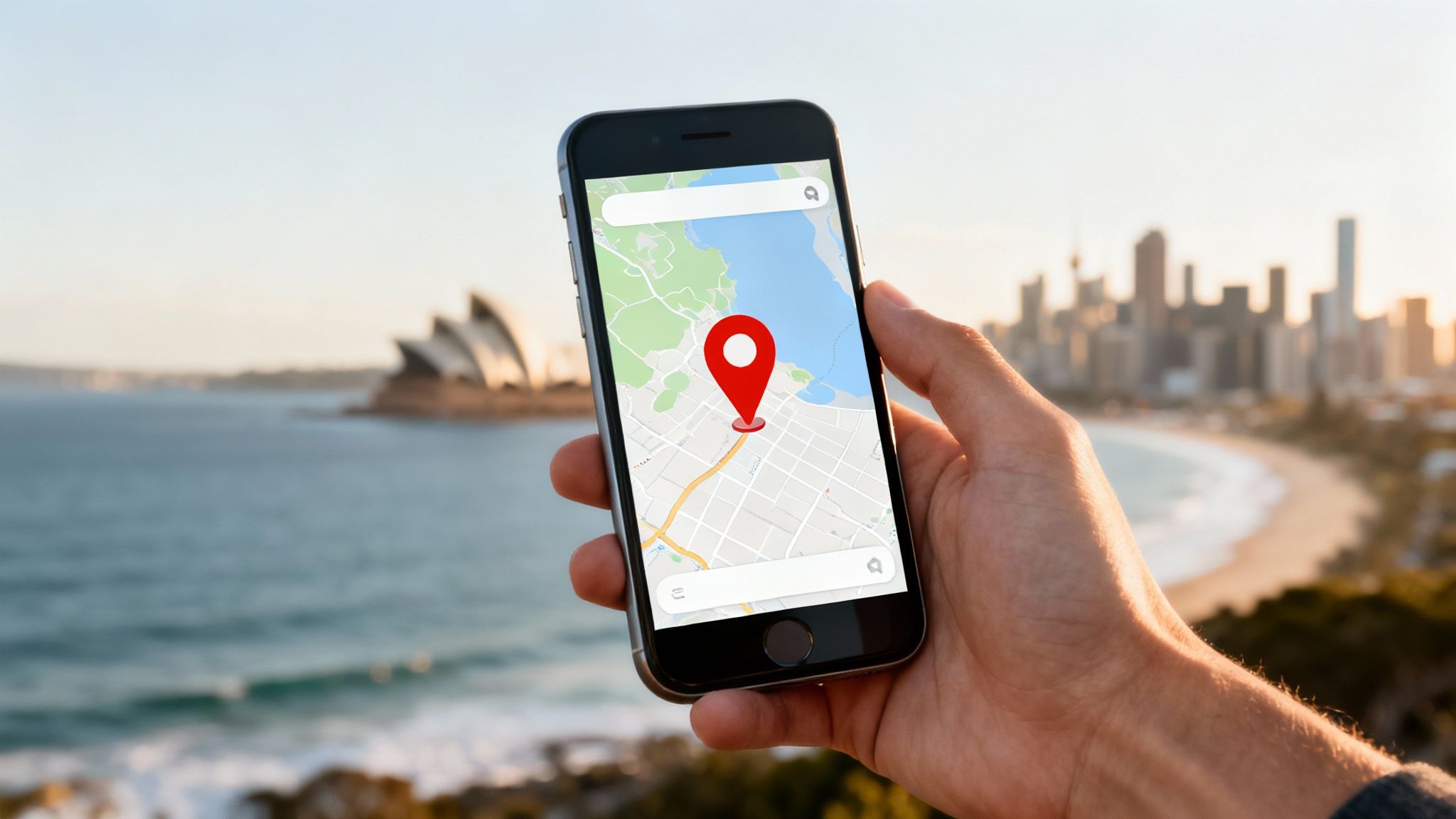 Person holding smartphone with map app, red pin, and blurred Sydney cityscape in background.