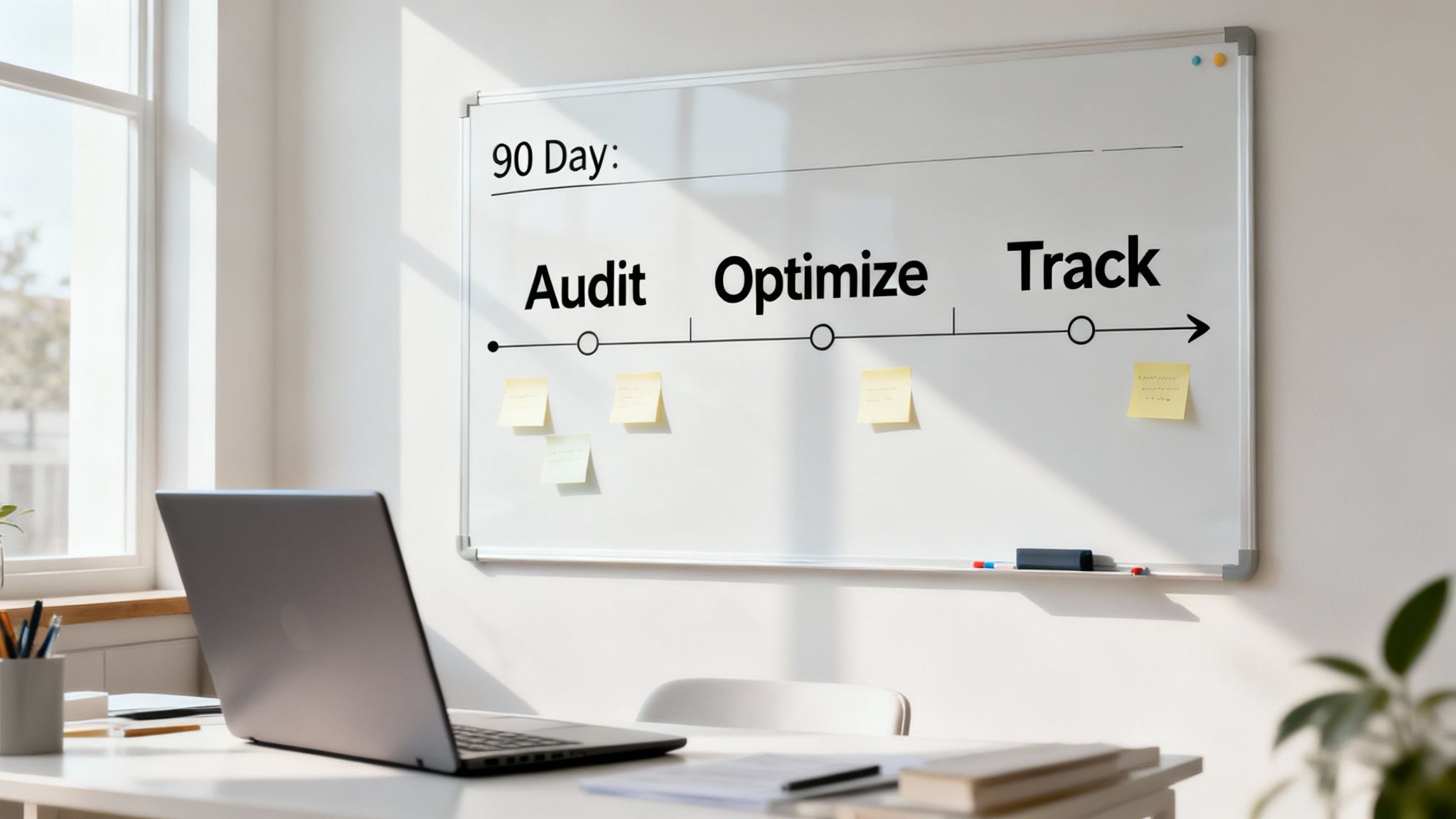 A whiteboard outlining a 90-day plan (Audit, Optimize, Track) in a bright, modern office.