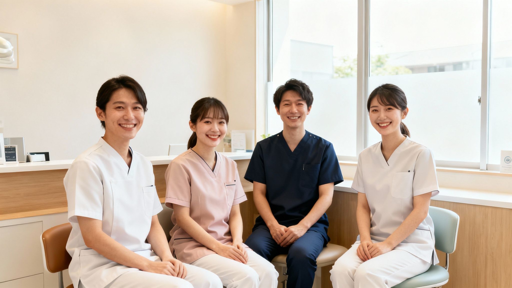 Four smiling dental professionals, two men and two women, sit together in a bright clinic setting.