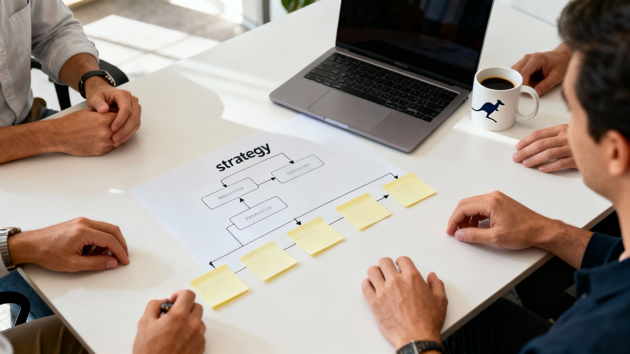 Business team collaborating on digital marketing strategy plan with laptop and sticky notes