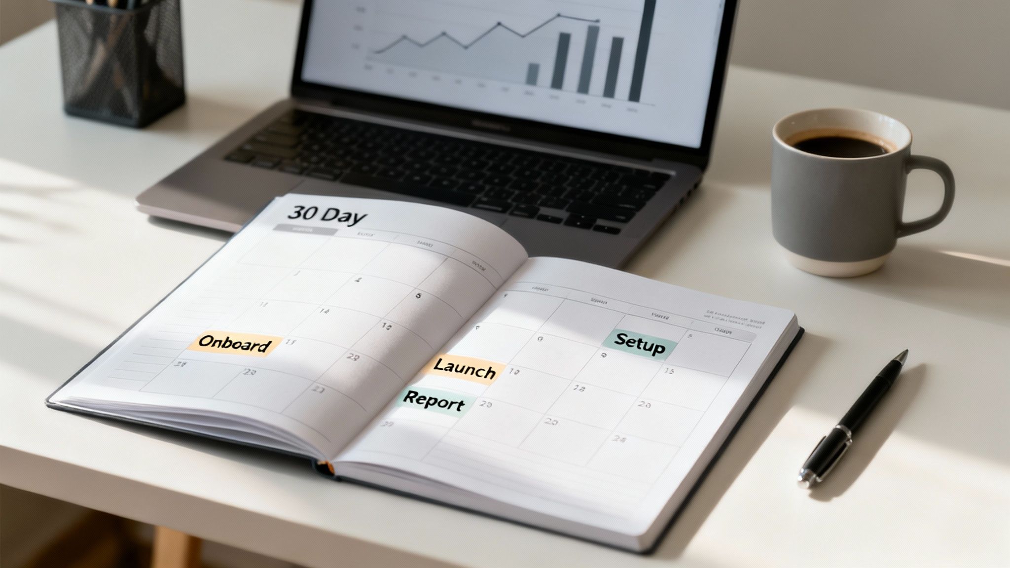 An open 30-day planner on a desk with a laptop and coffee, highlighting business tasks like Onboard, Launch, and Setup.