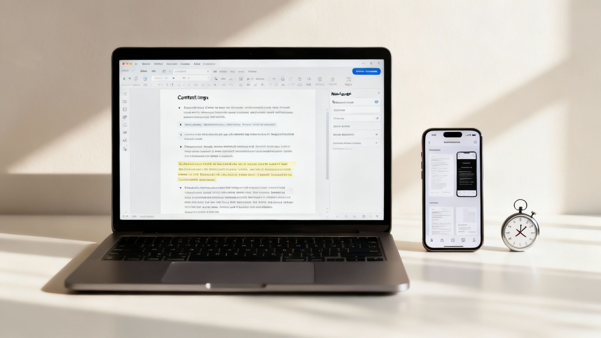 A clean modern workspace featuring a laptop, smartphone, and stopwatch on a white desk.