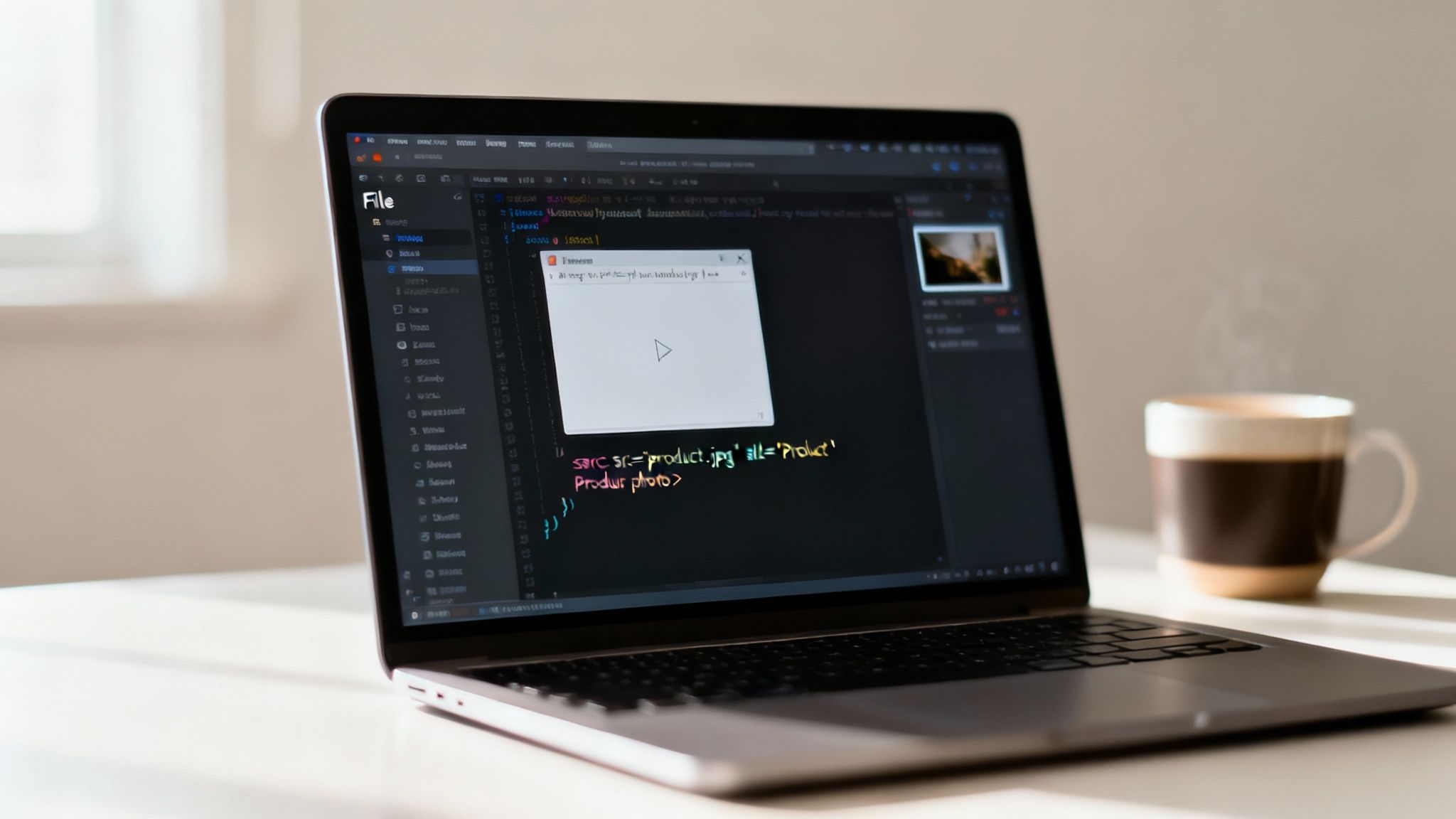 A laptop screen displays HTML code including an image tag, next to a steaming coffee mug.