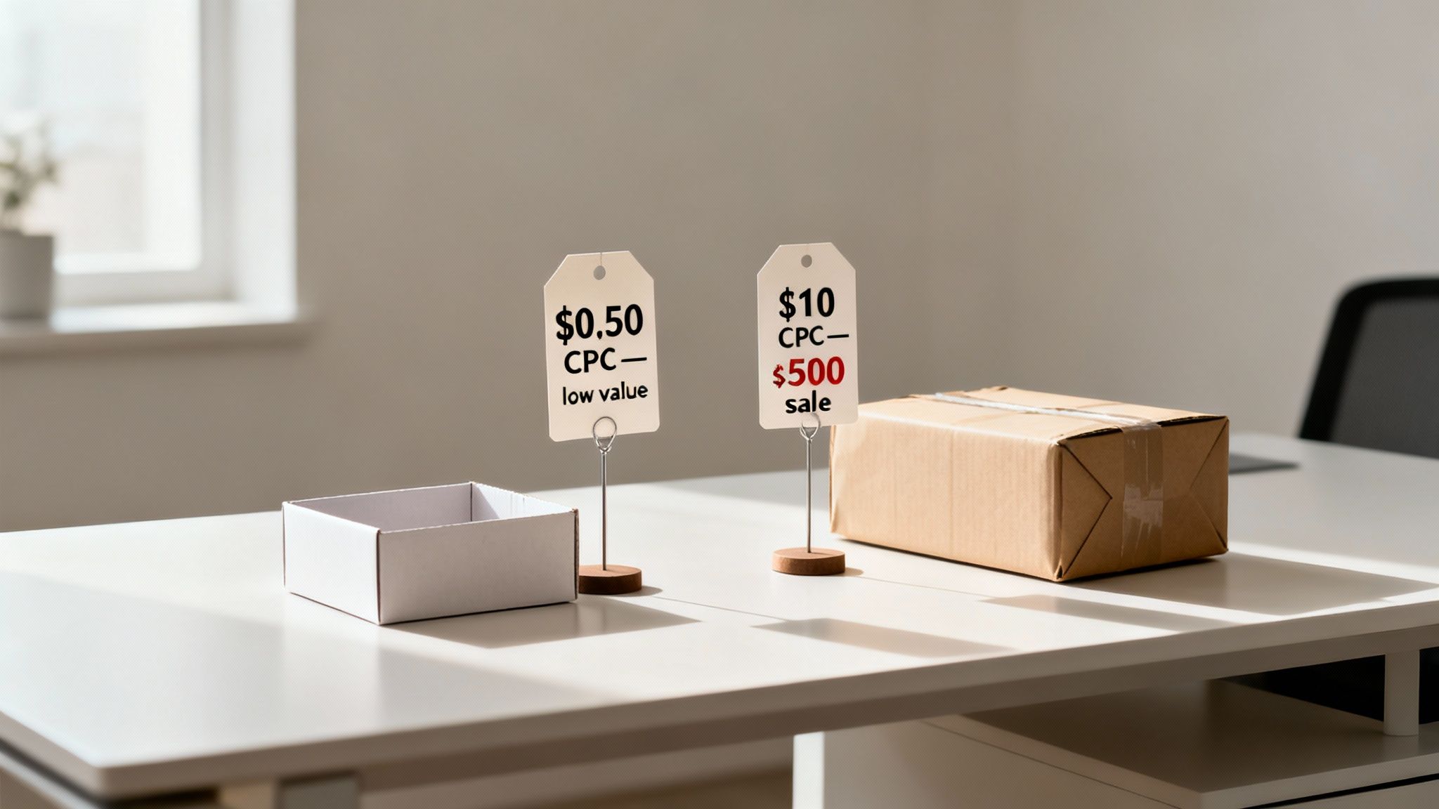 Two price tags displaying $0.50 CPC (low value) and $10 CPC ($500 sale) next to an empty white box and a brown shipping box.