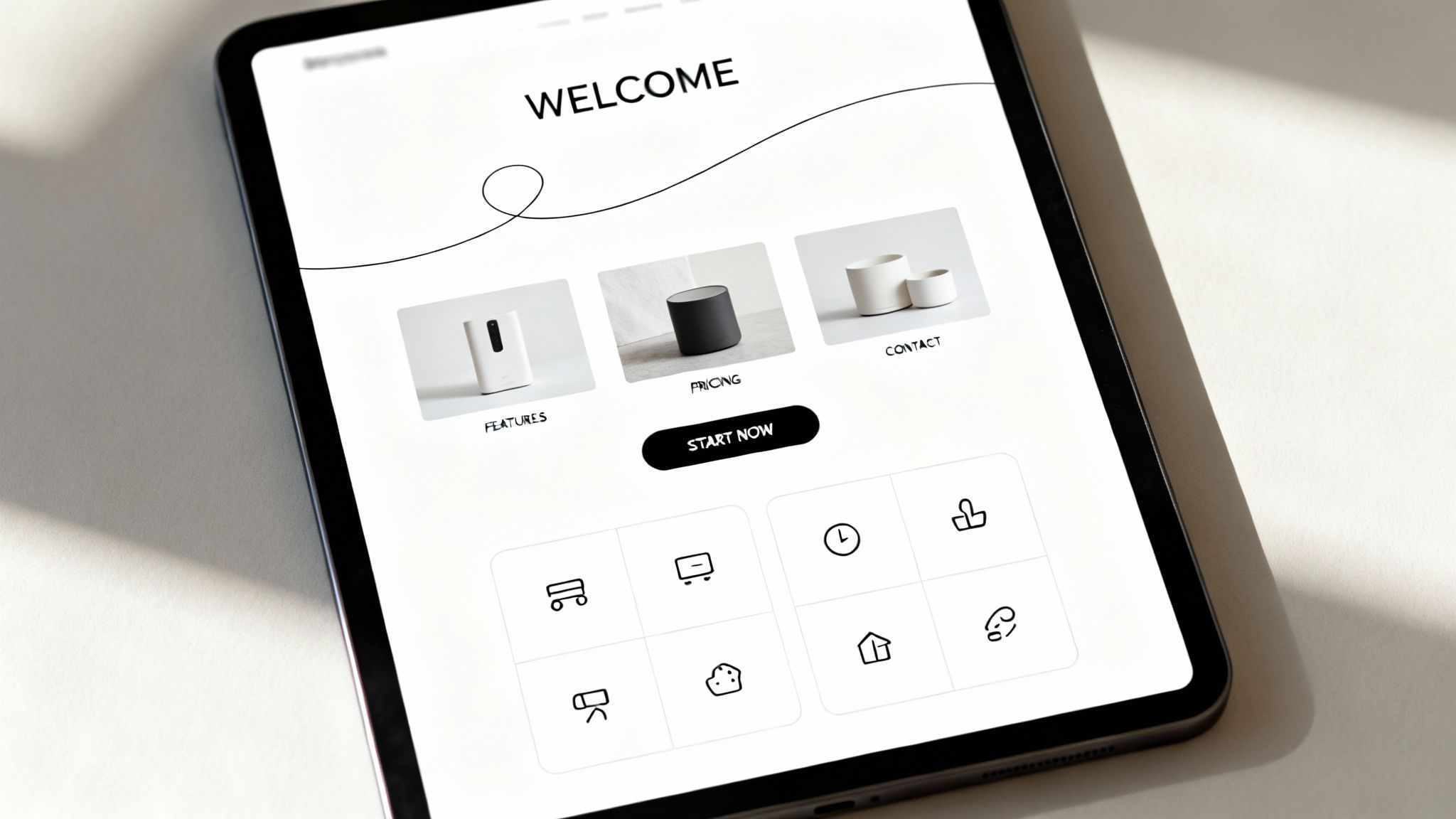 A tablet displays a minimalist welcome screen featuring product cards, a 'START NOW' button, and icons.