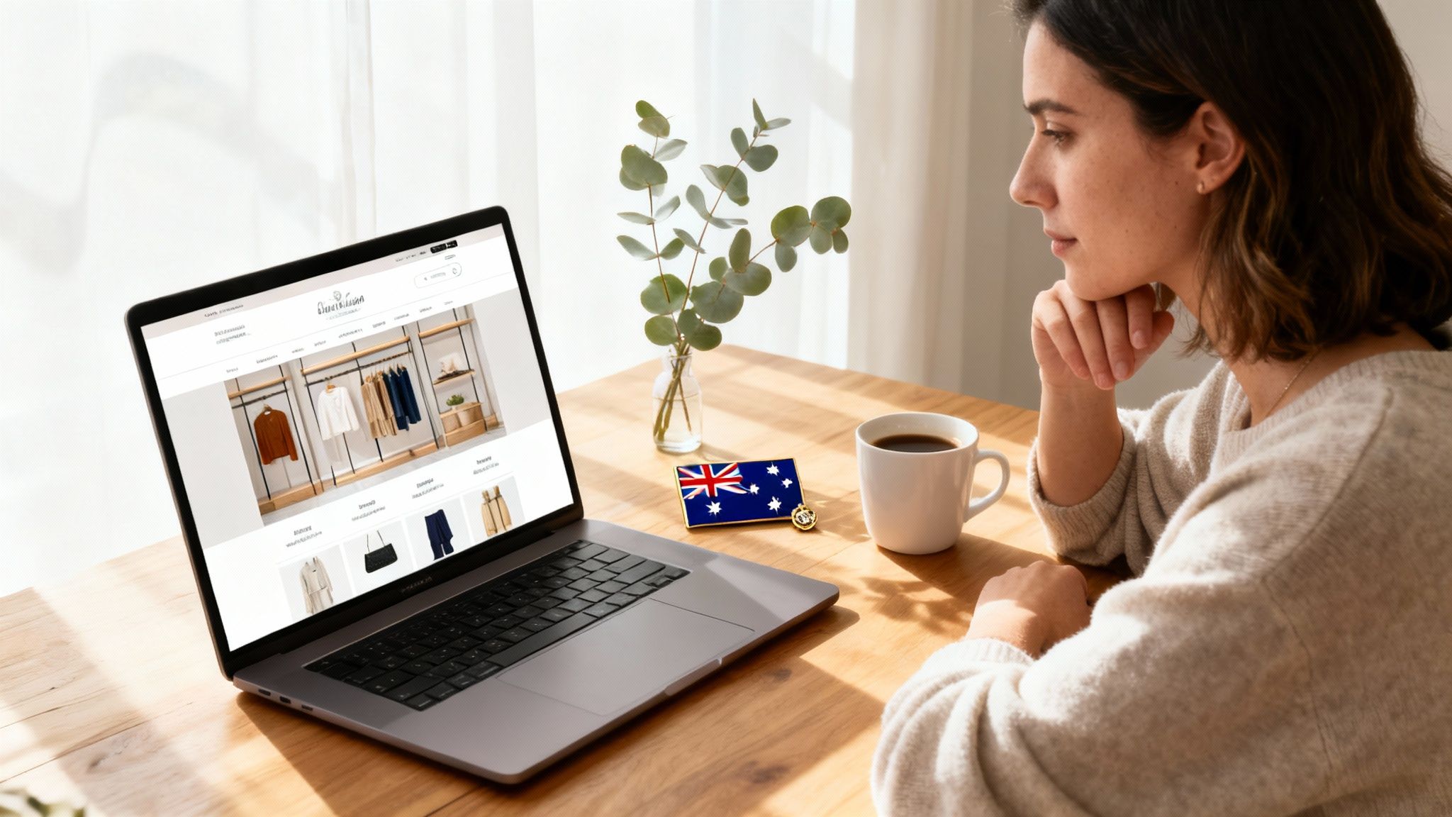 Woman intently browsing an online clothing store on a laptop, with an Australian flag pin and coffee nearby.