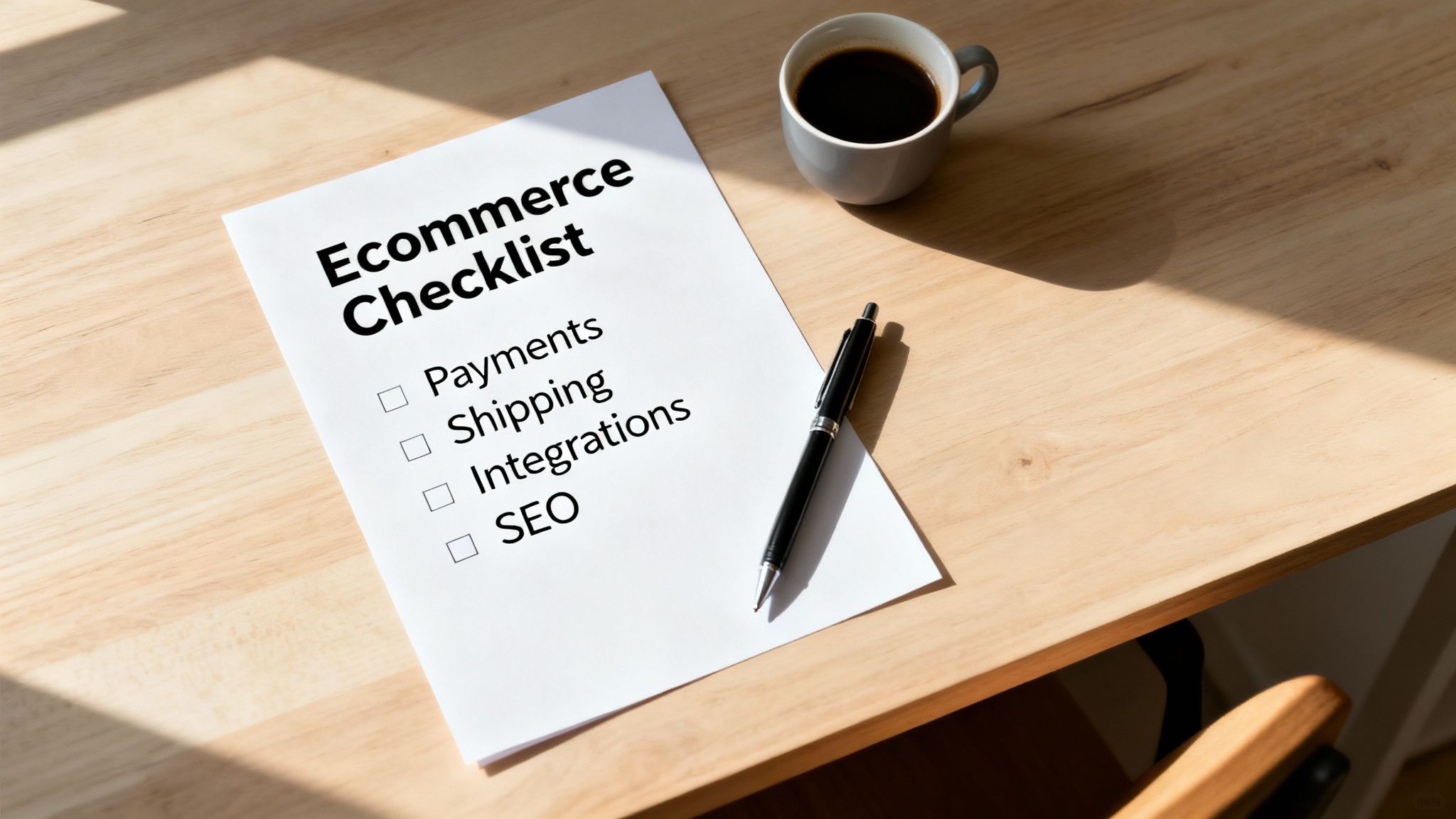 An 'Ecommerce Checklist' on a wooden desk with a pen and coffee cup, detailing payments, shipping, integrations, and SEO.