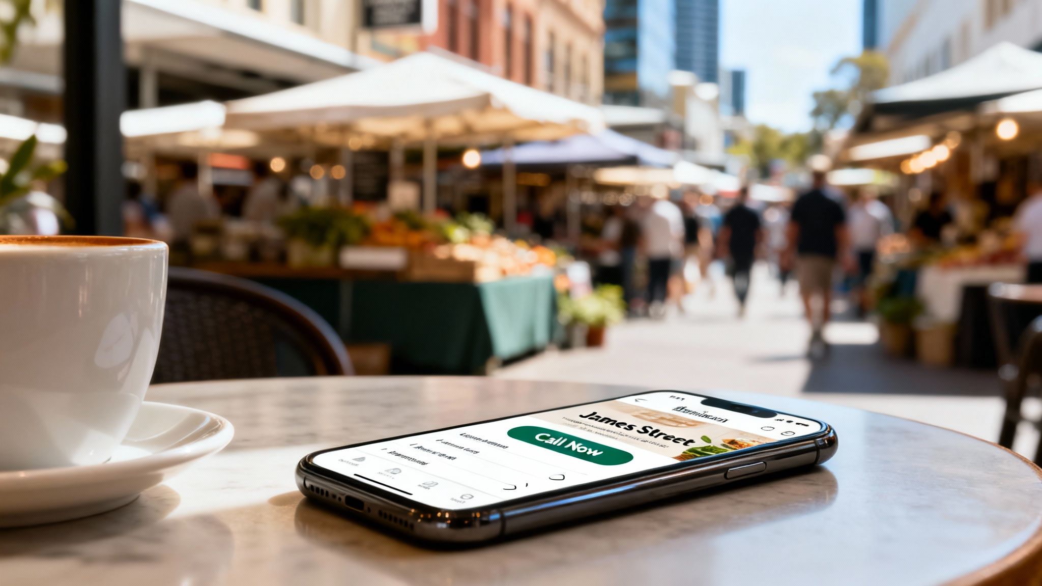 Smartphone on a cafe table with coffee, showing 'James Street' and 'Call Now' against a busy market backdrop.