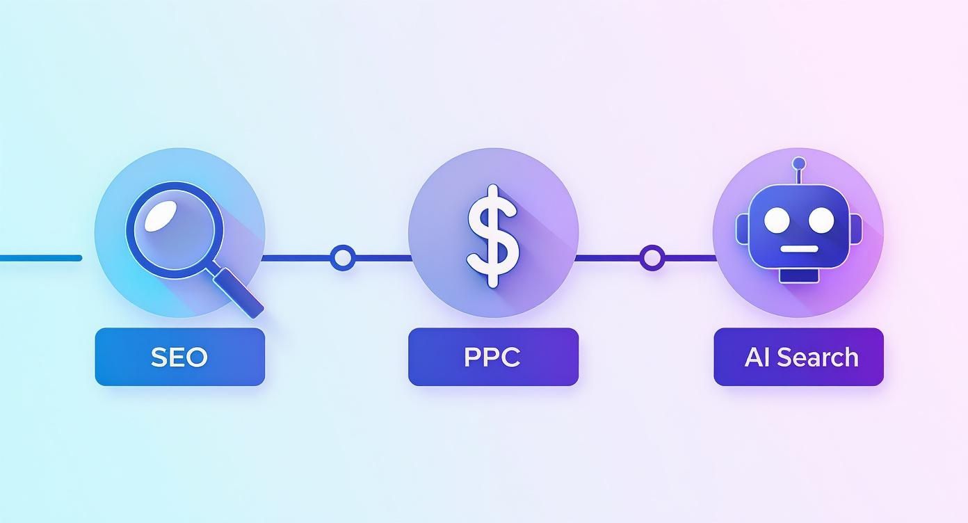 Infographic showing a progression from SEO (magnifying glass) to PPC (dollar sign) to AI Search (robot).