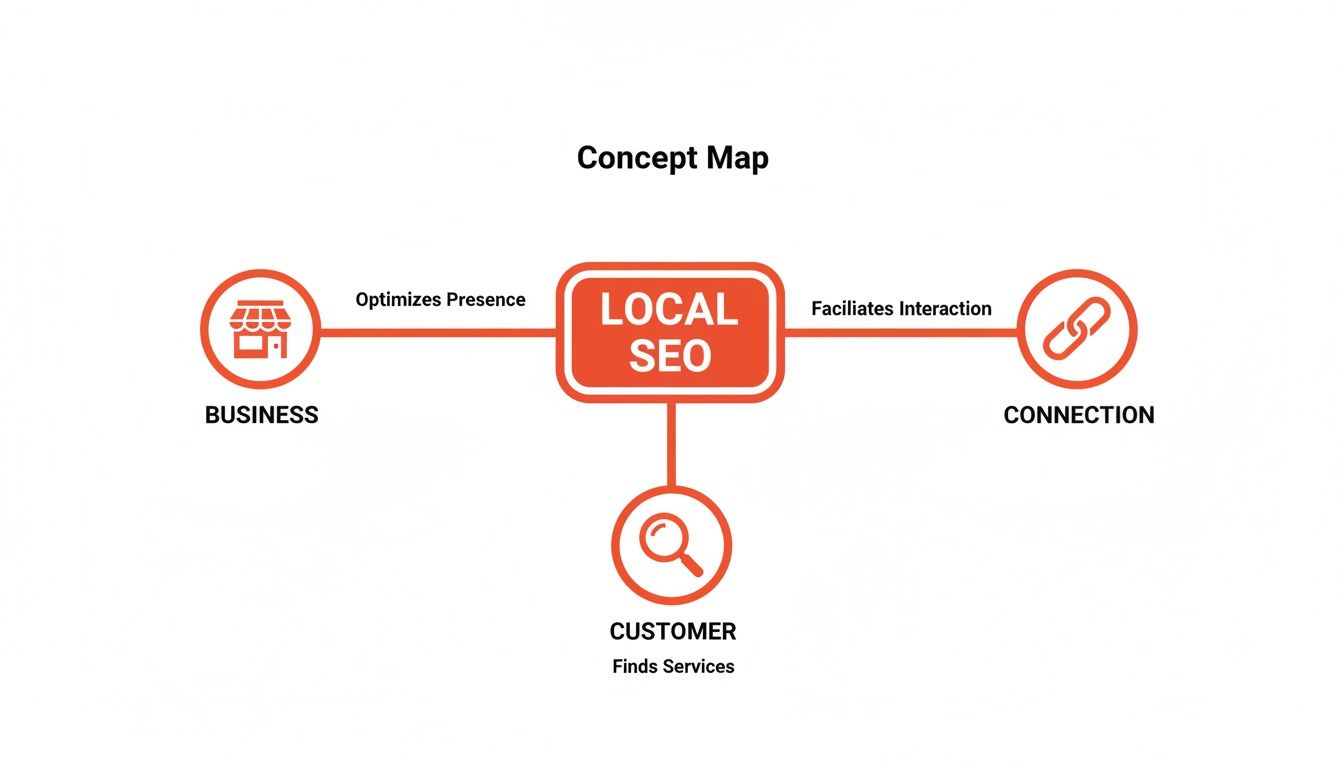 Concept map illustrating how Local SEO connects businesses, facilitates customer connection, and helps customers find services.