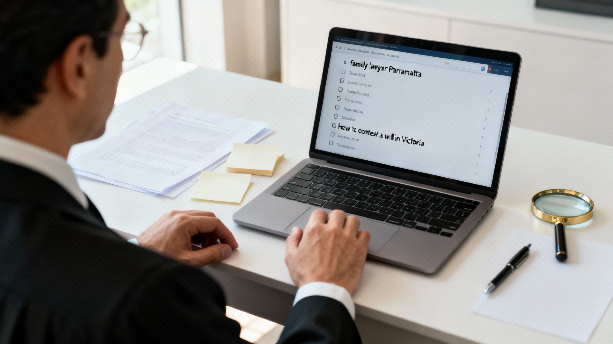 A legal professional researching family law and contesting wills on a laptop at a bright office desk.