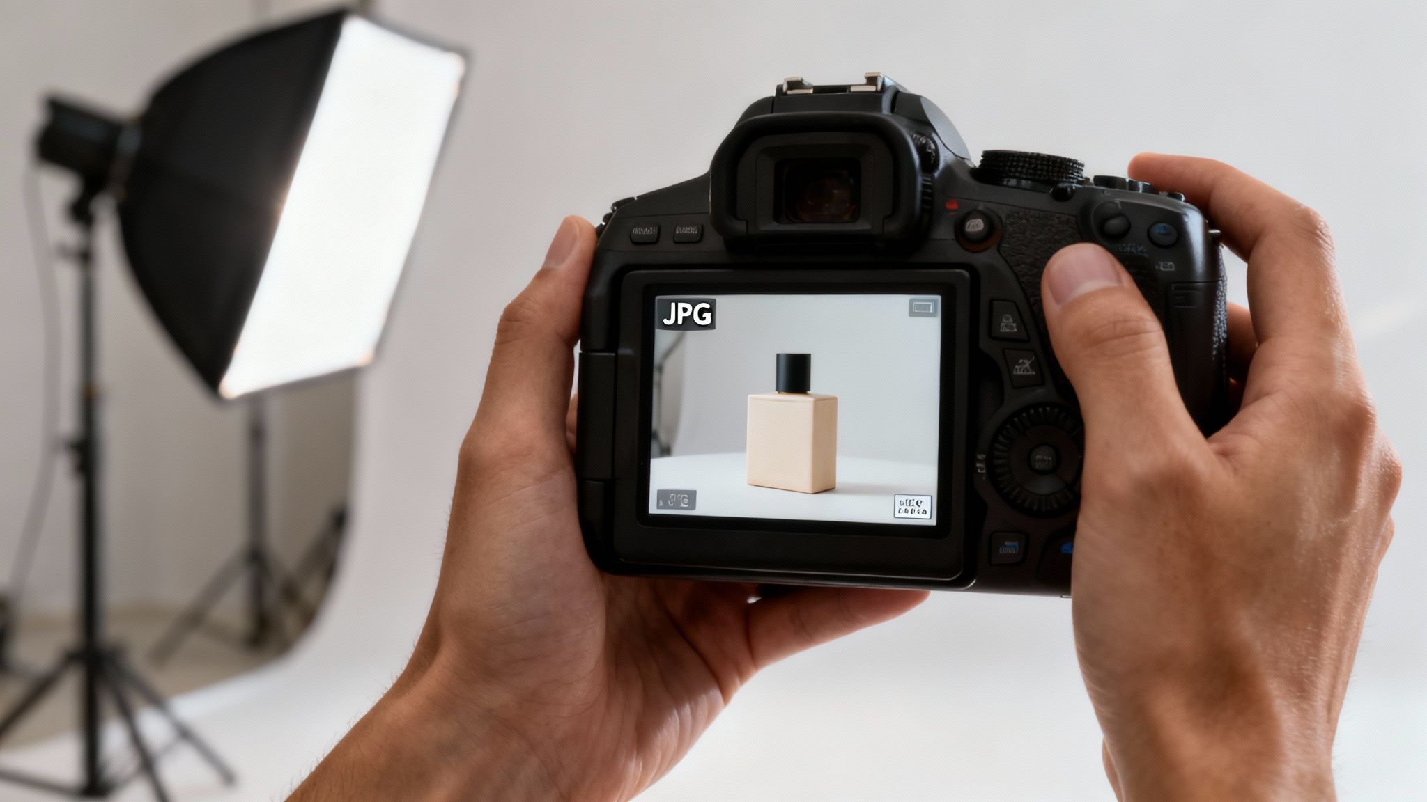 Hands hold a DSLR camera displaying a JPG product photo of a beige bottle in a studio.