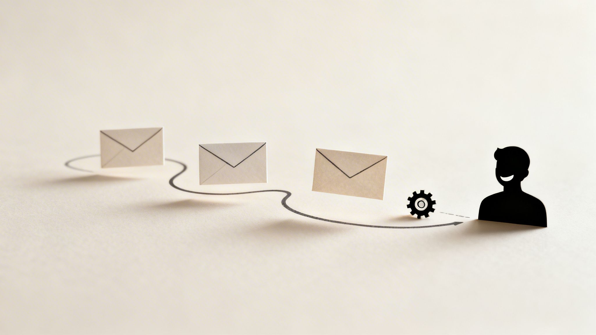 A visual representation of a digital marketing workflow, showing envelopes, a gear, and a happy person connected by a line.