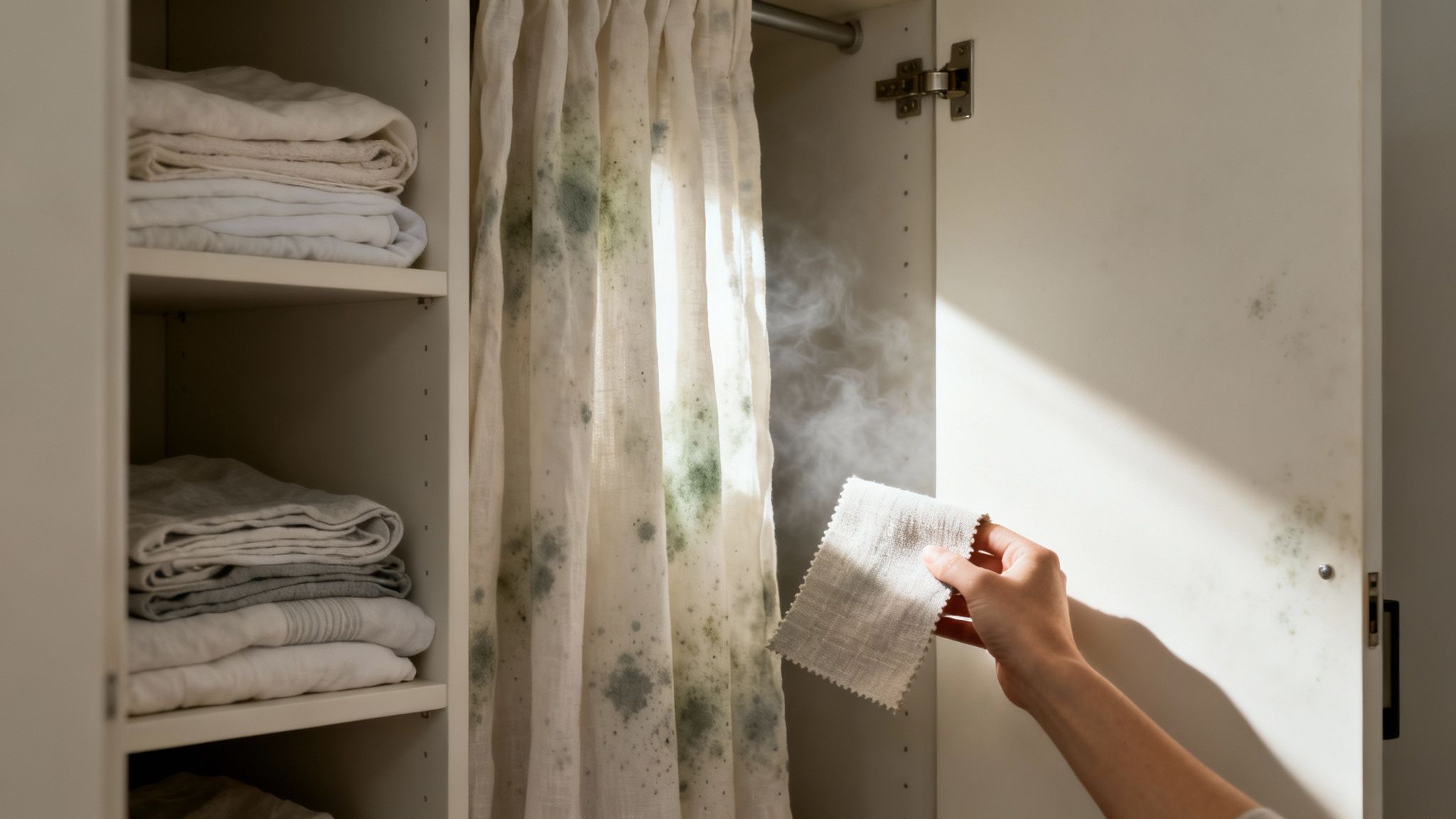 Hand holds clean fabric swatch near heavily moldy curtain and cabinet in a damp closet.