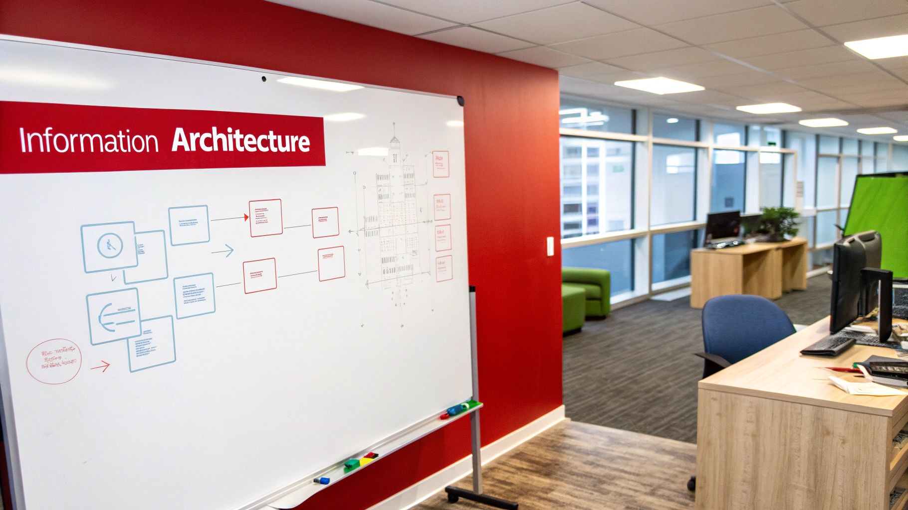 A designer sketching wireframes on paper, surrounded by sticky notes and a laptop.