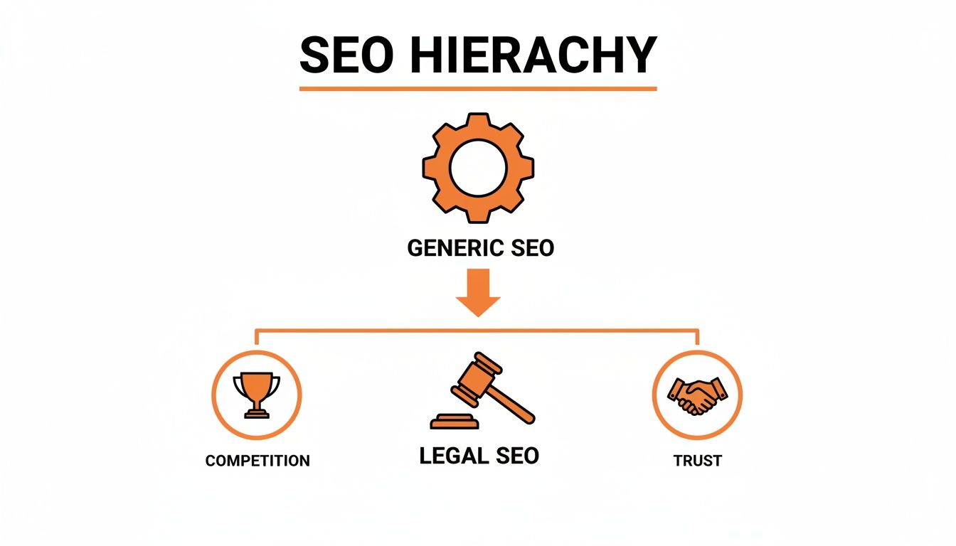 Diagram illustrating the SEO hierarchy, showing Generic SEO leading to Legal SEO, Competition, and Trust.