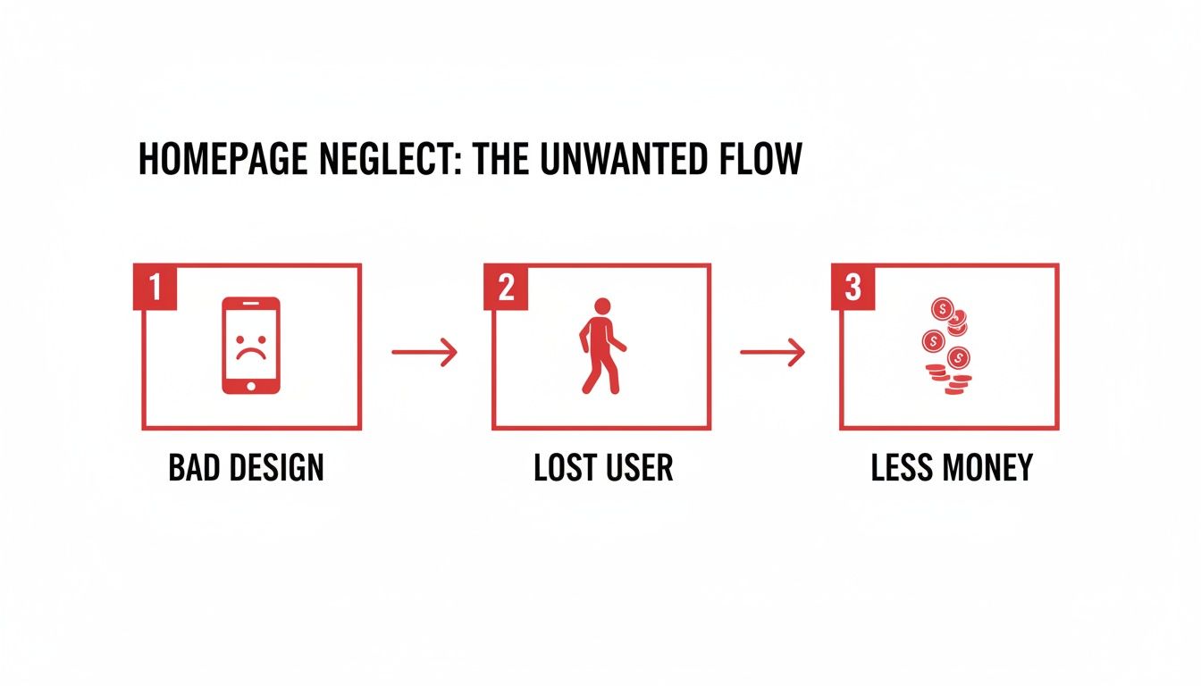 Flow diagram showing how bad homepage design leads to lost users and less money.
