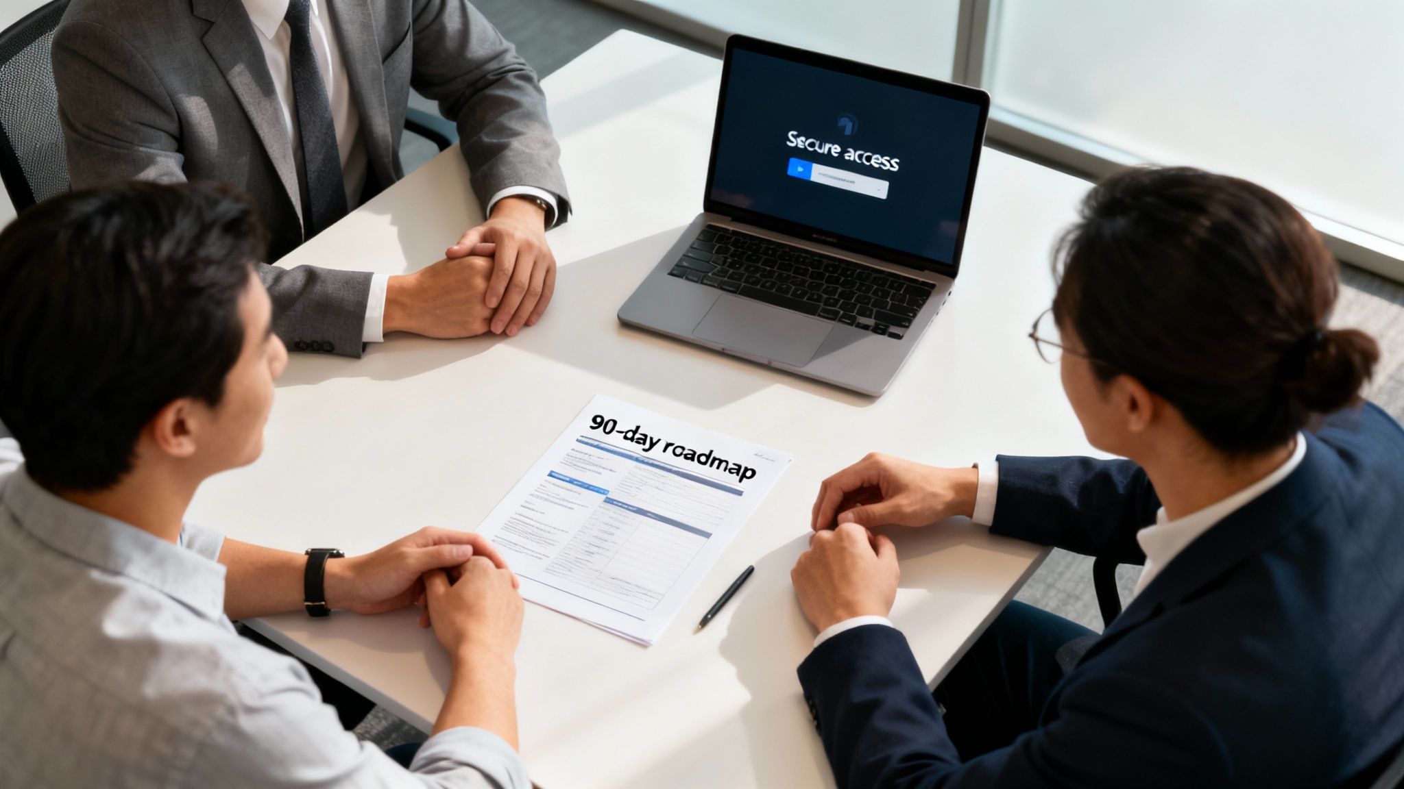 Three business professionals collaborate at a table, reviewing a 90-day roadmap document and a laptop.