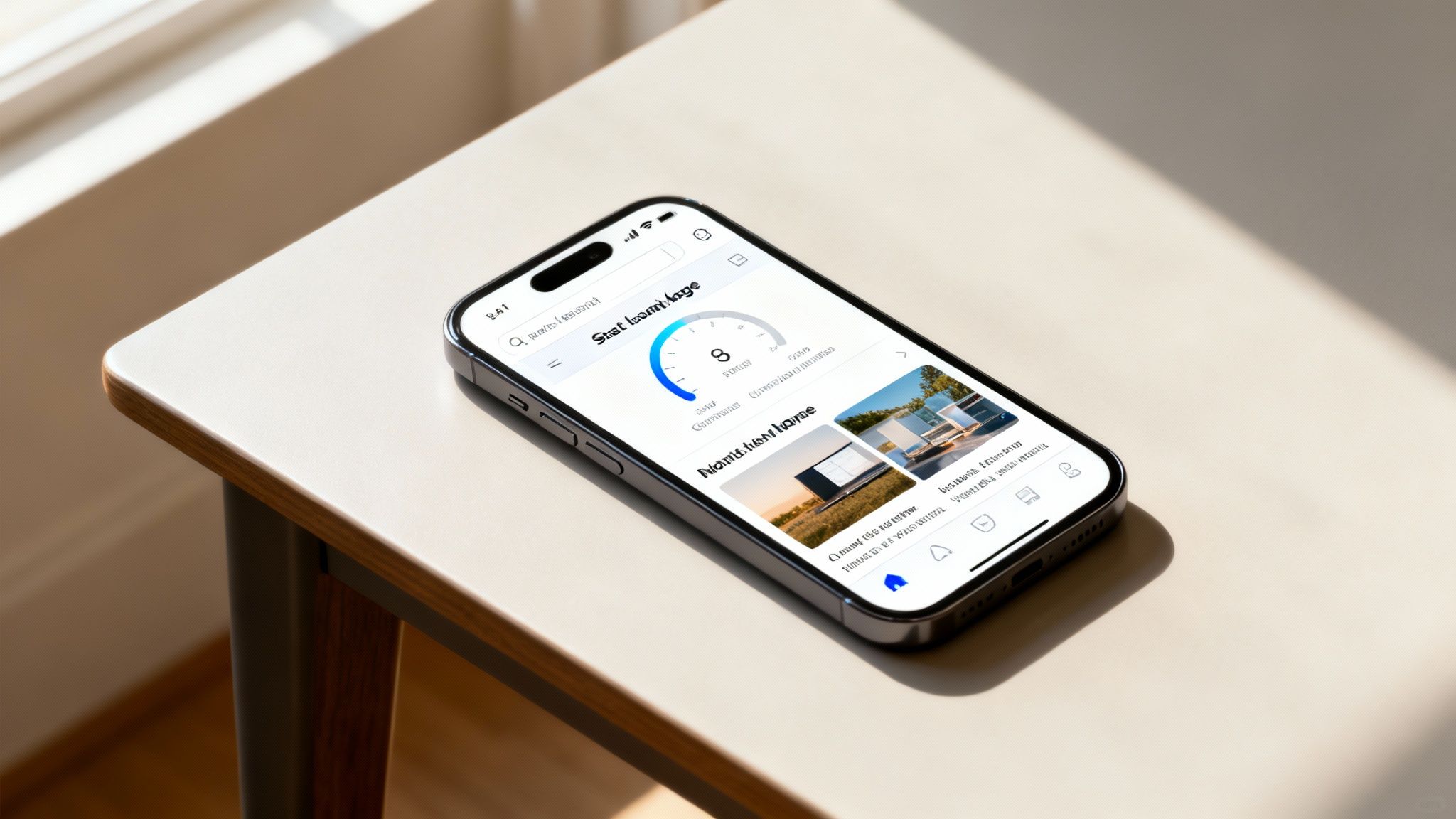 Modern smartphone displaying mobile homepage design with circular progress indicator and property listings on white surface
