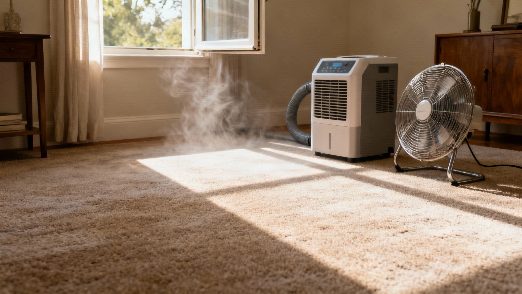 A fan blowing air across a freshly cleaned section of carpet to speed up drying.