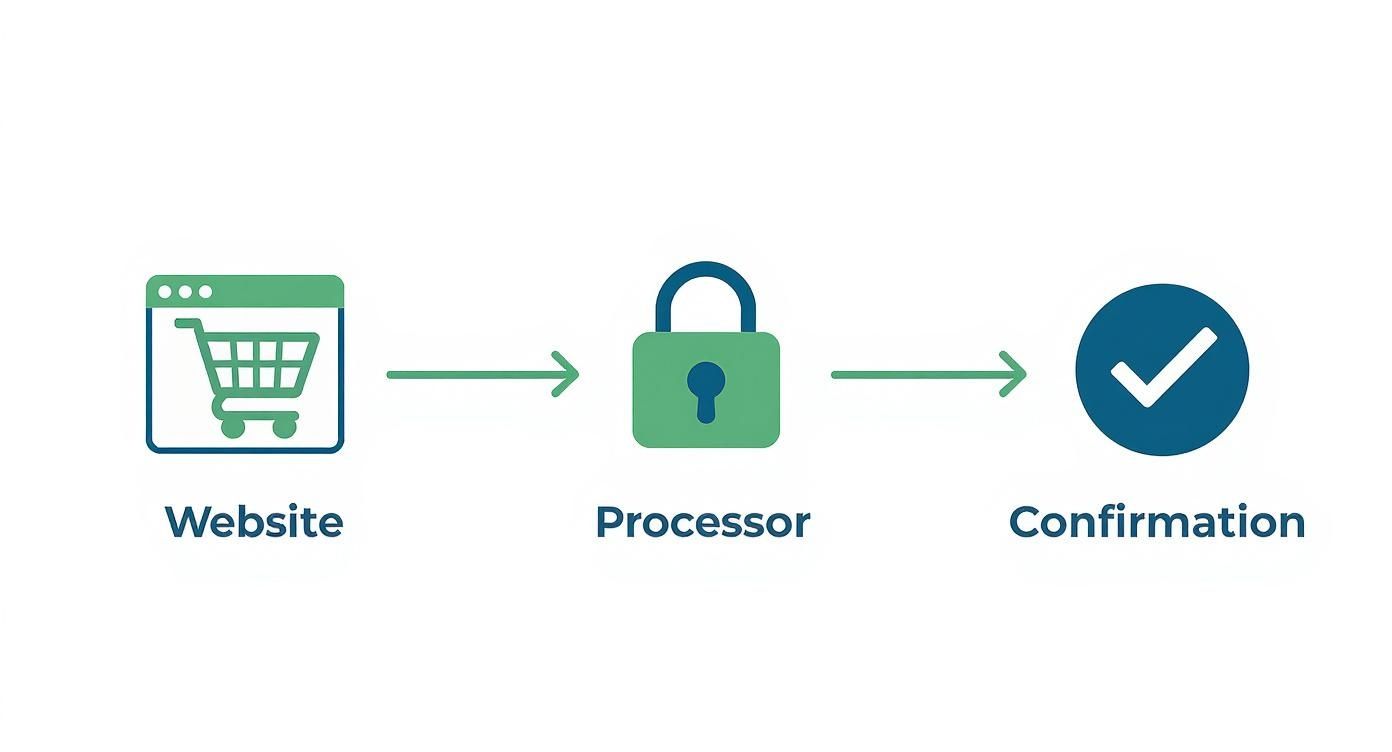 Flowchart showing an online shopping cart moving to a secure payment processor and then to transaction confirmation.