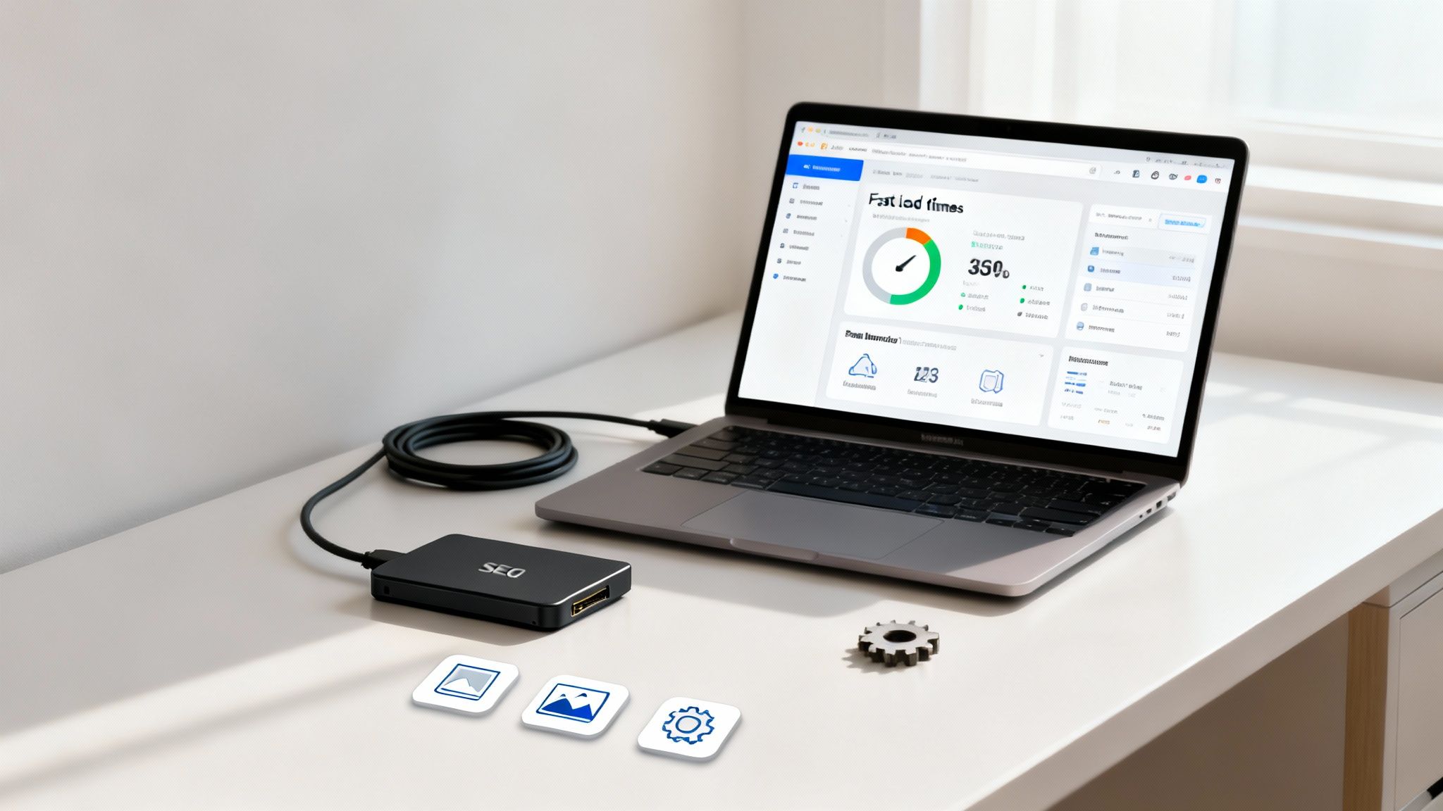 A laptop on a desk displaying SEO metrics, connected to an external SSD drive.