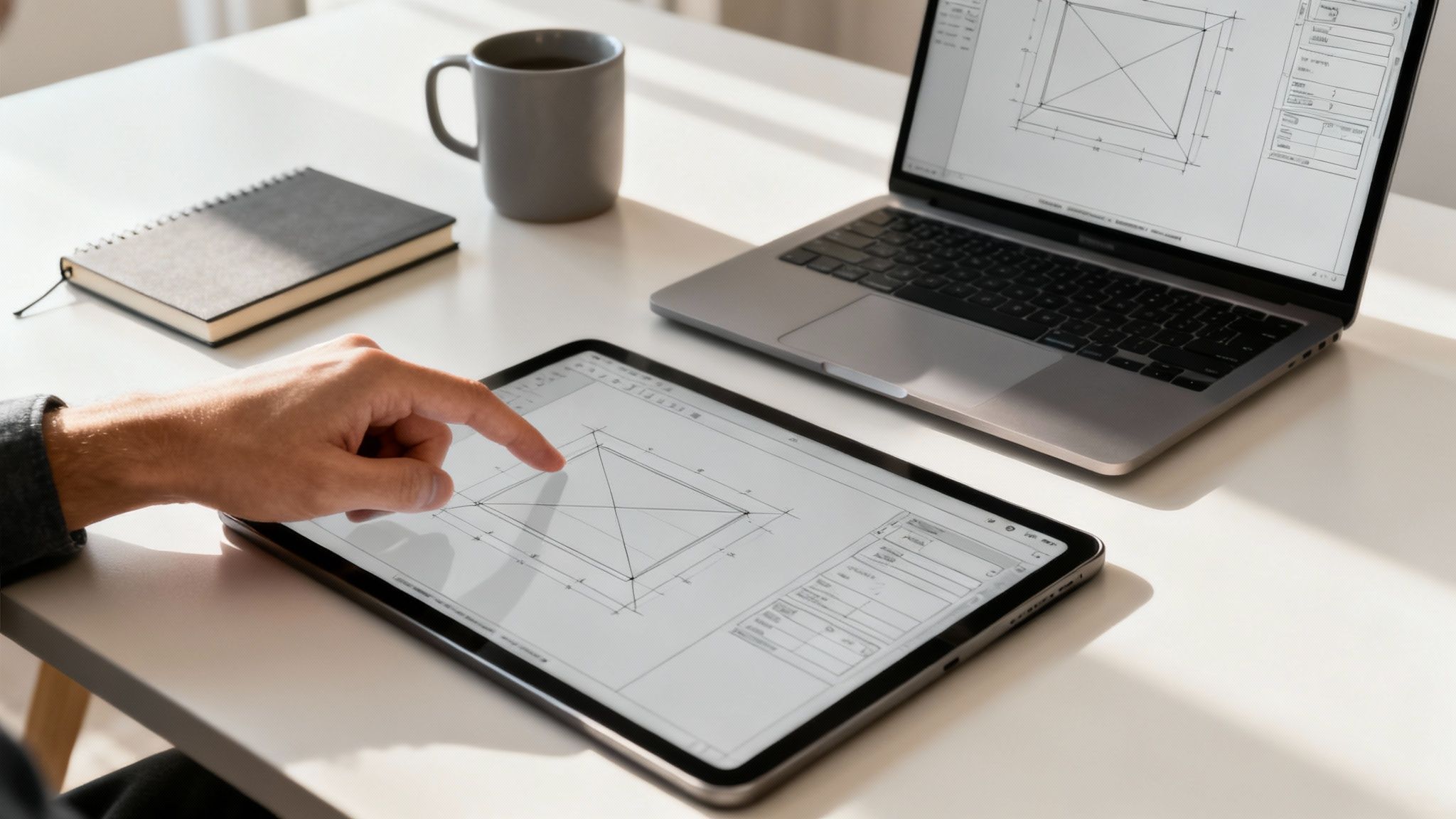 A digital wireframe being designed on a computer screen, with sticky notes and sketches around it.