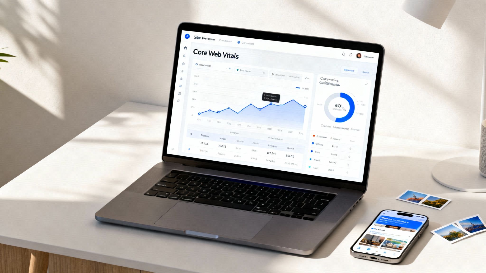 Laptop displaying a Core Web Vitals dashboard with analytics, next to a smartphone and printed photos.