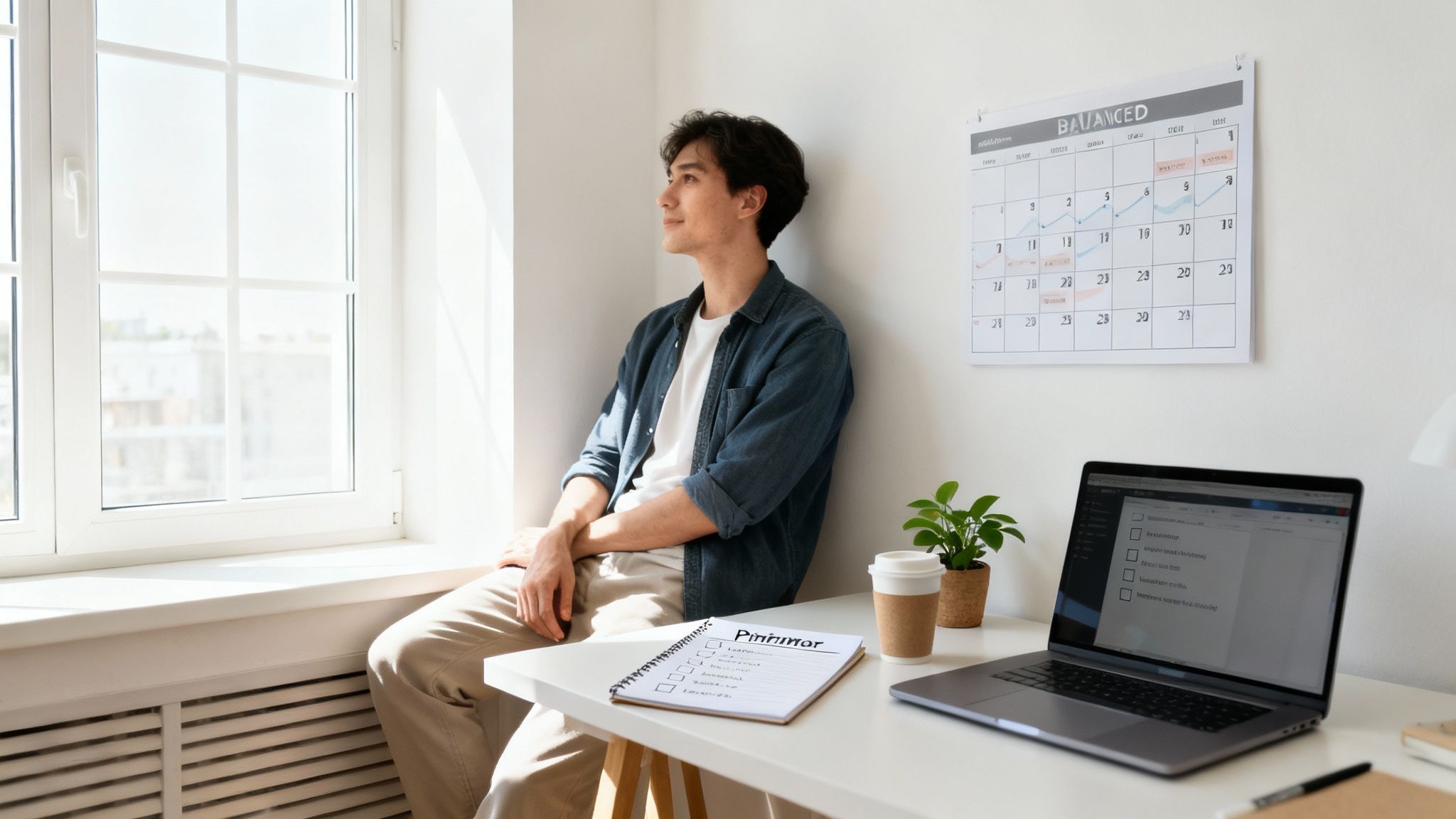 Young entrepreneur sitting at desk with laptop, calendar, and coffee, gazing thoughtfully out window