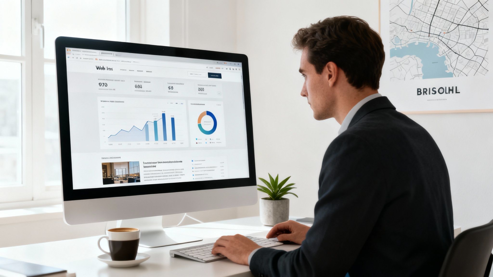 A man concentrates while working on a computer displaying website analytics and data dashboards.