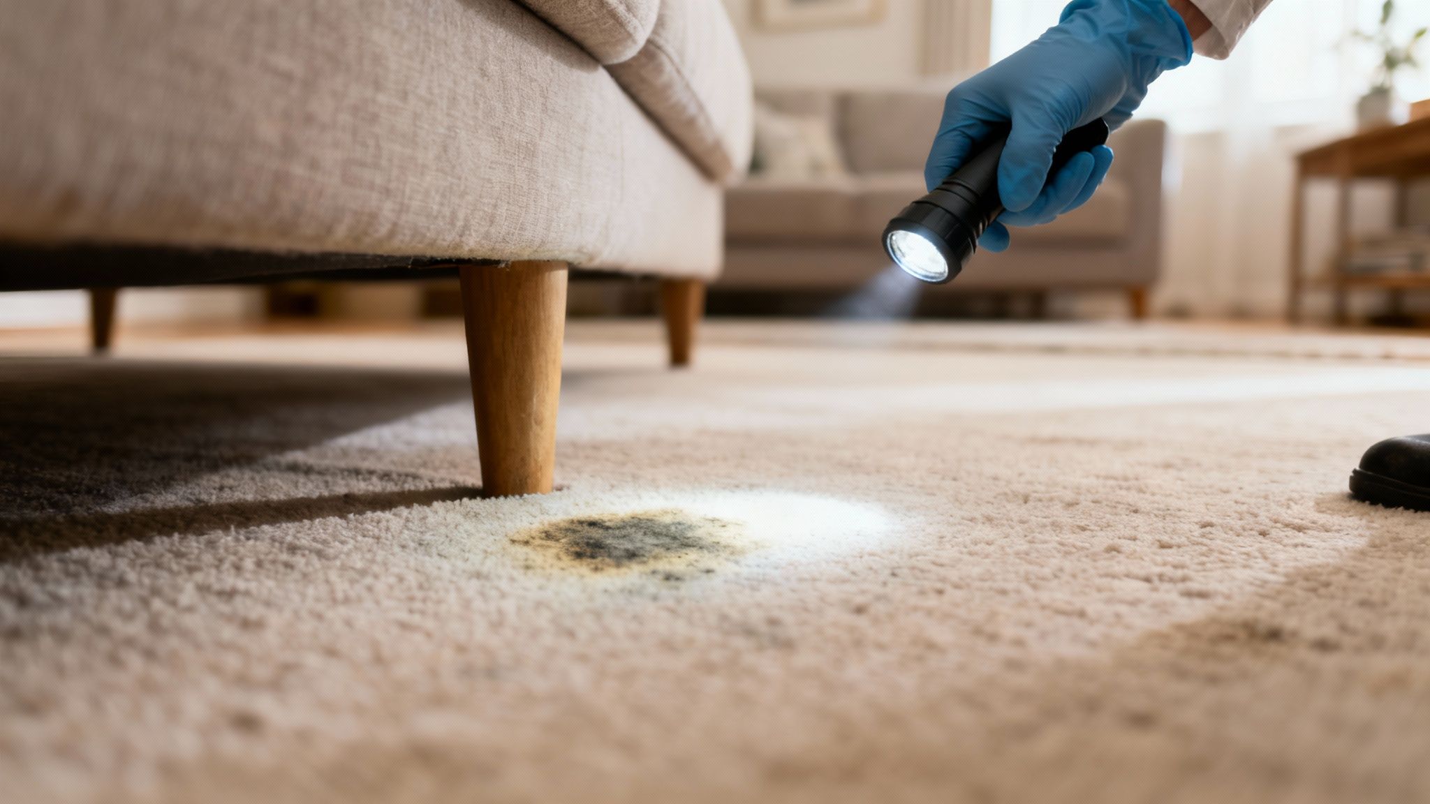 Professional wearing blue gloves inspecting mold growth on carpet under furniture with flashlight