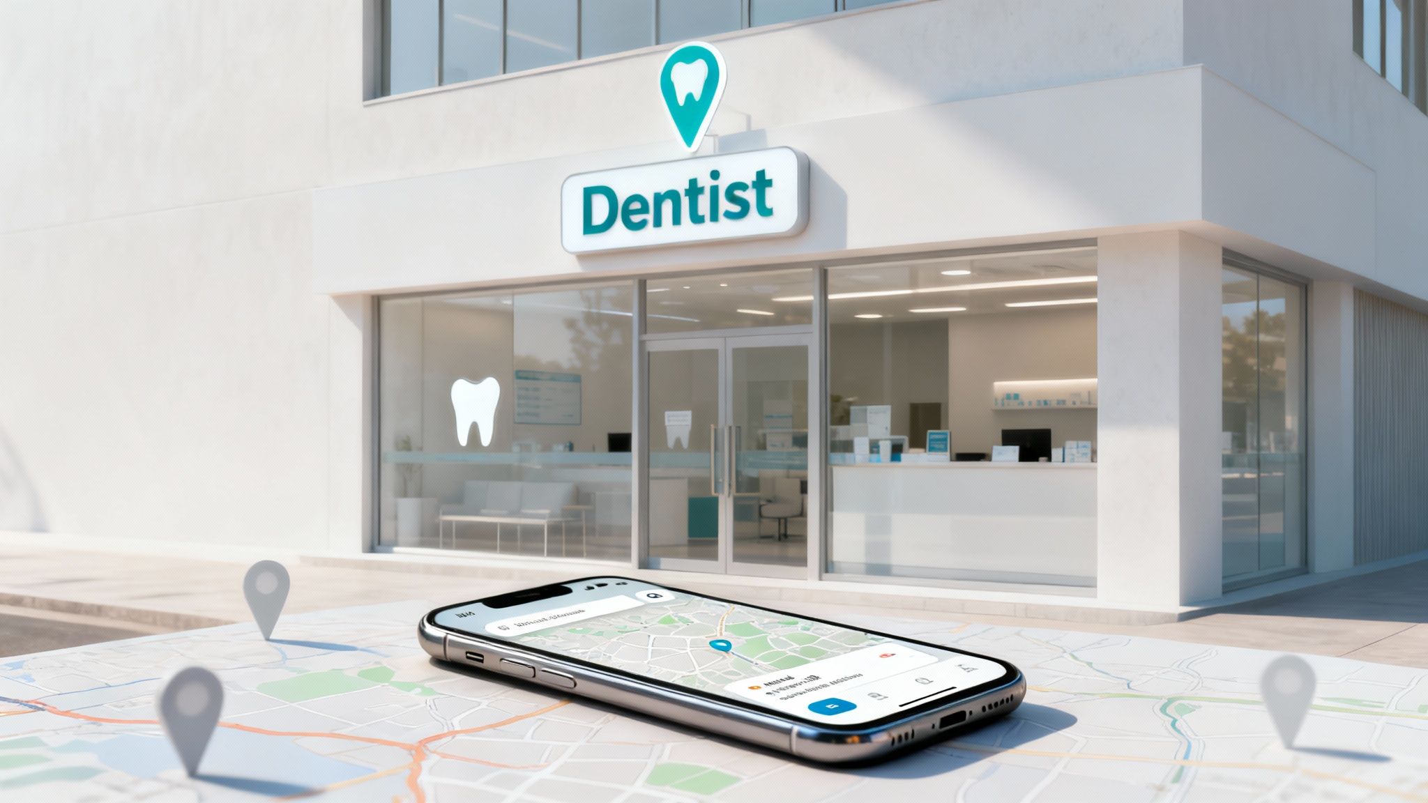 Smartphone on a map displaying navigation to a modern dental clinic with a clear 'Dentist' sign.