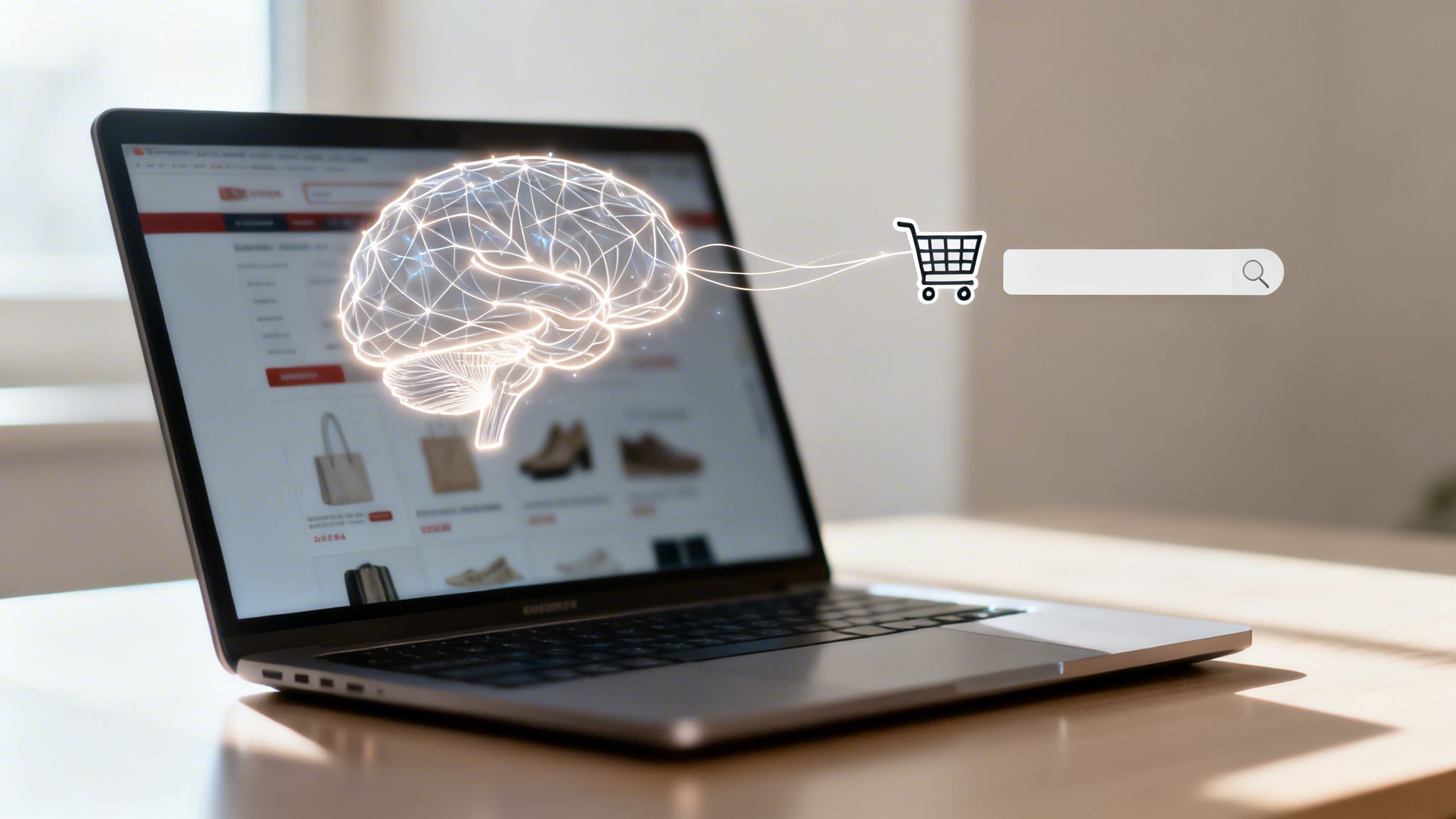 AI brain connected to a shopping cart and search bar on a laptop screen showing an e-commerce website.