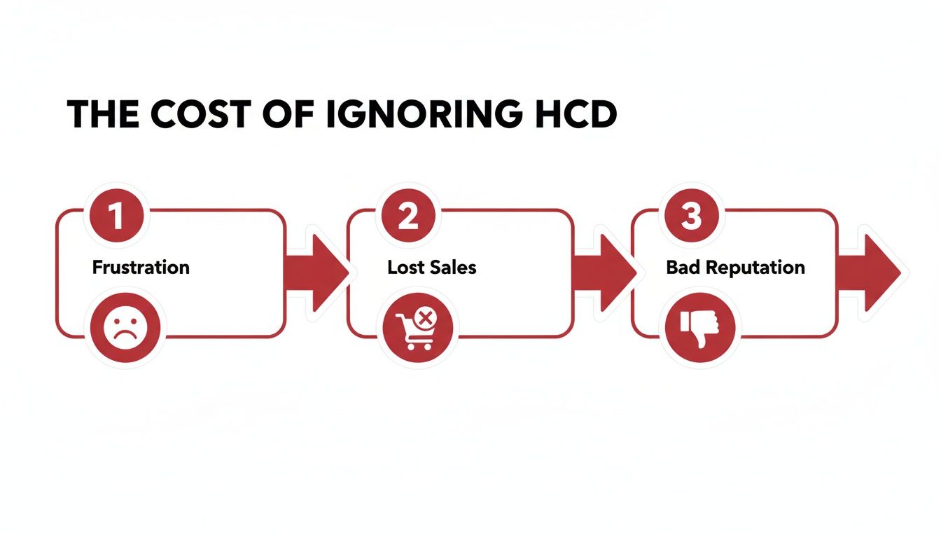 Flowchart showing the escalating negative consequences of ignoring Human-Centered Design: frustration, lost sales, and bad reputation.