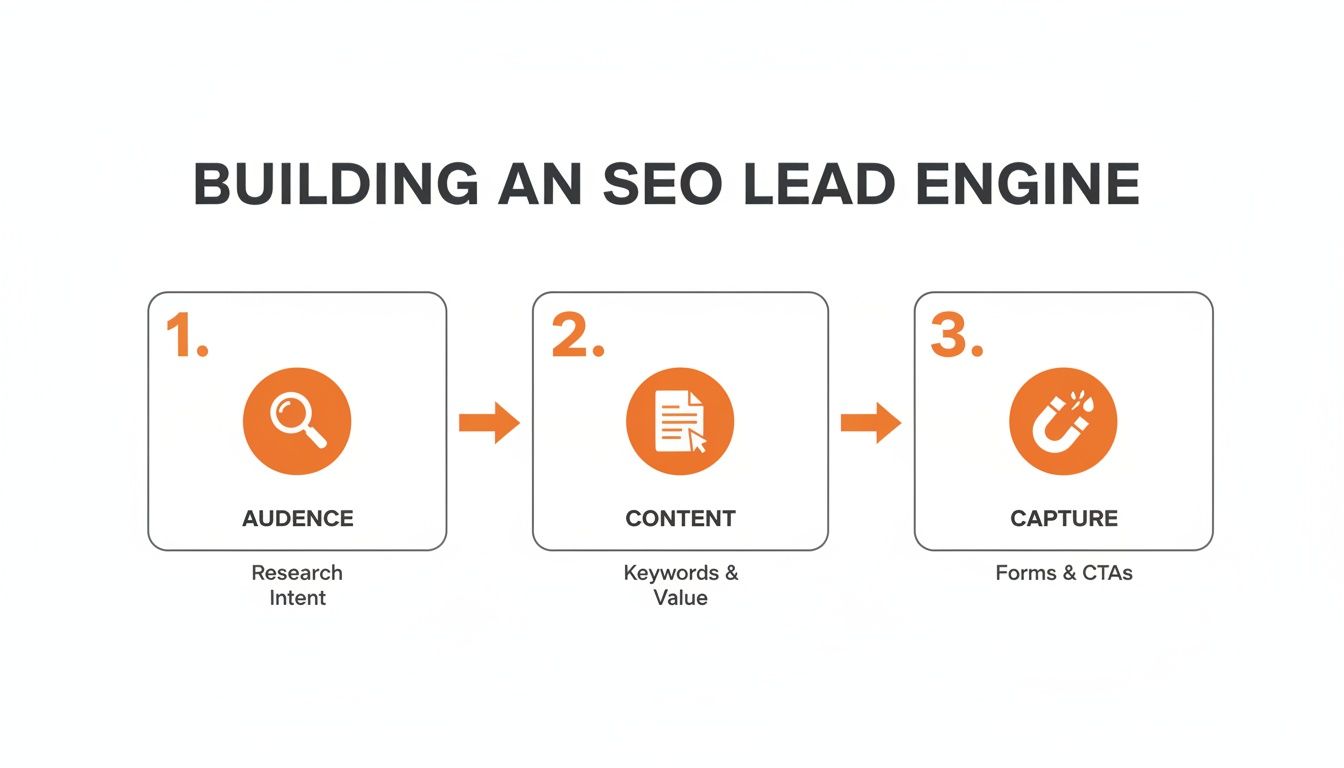 Infographic illustrating a three-step process for building an SEO lead engine: audience, content, and capture.