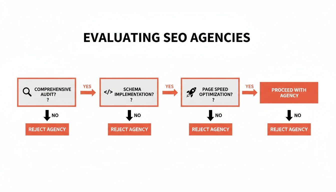 Flowchart for evaluating SEO agencies, checking for comprehensive audit, schema, and page speed optimization.