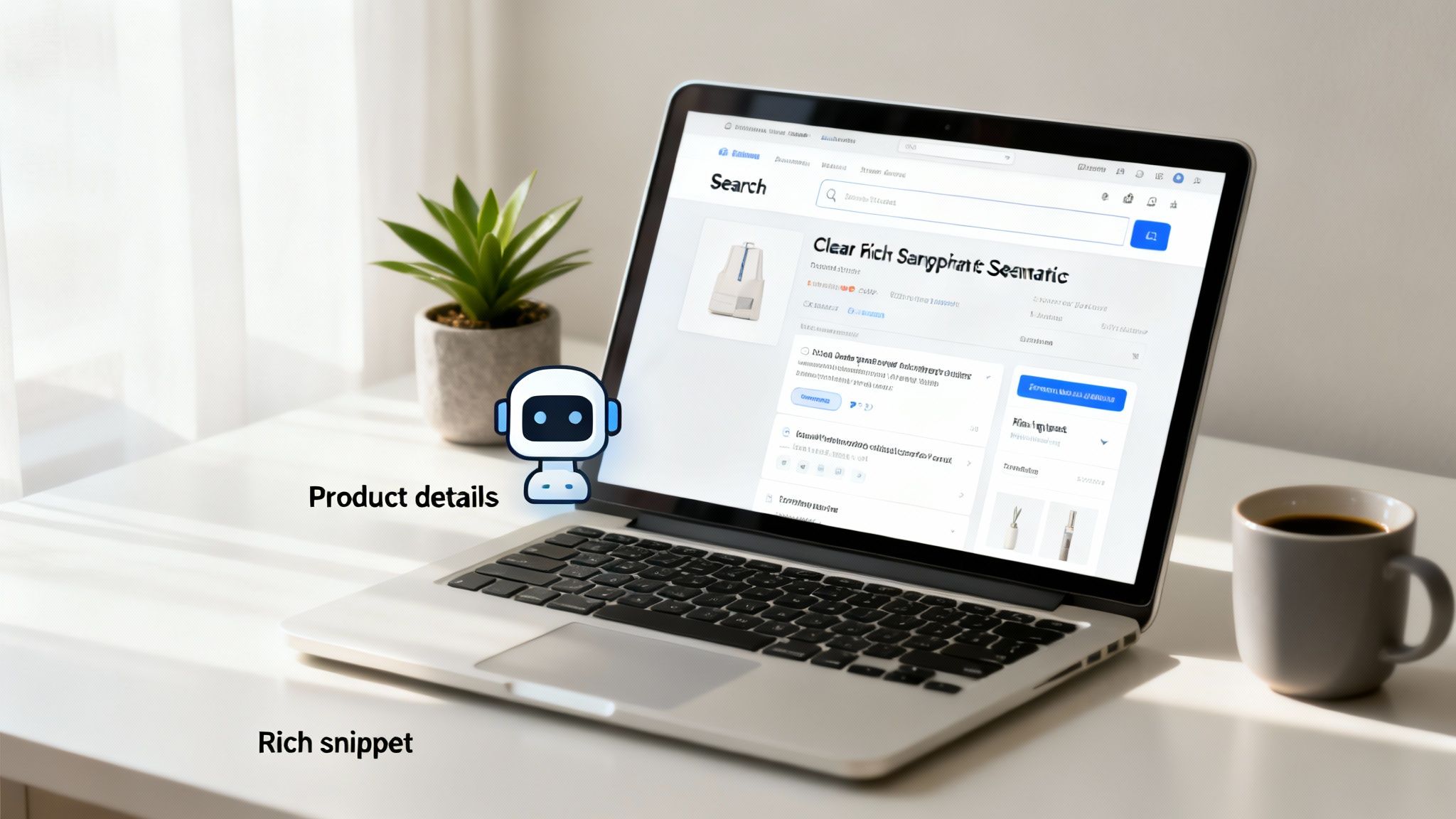 Laptop displaying an e-commerce product details search page with a robot icon, rich snippets, and a plant.