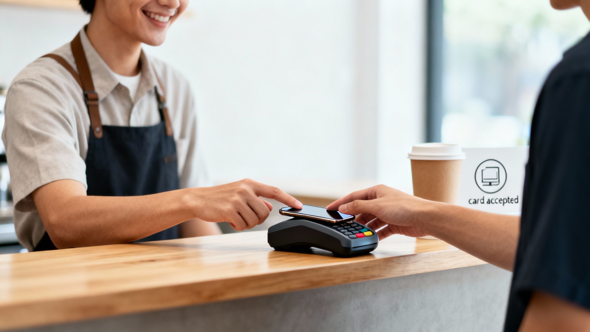 Customer uses smartphone for contactless payment at a cafe, assisted by a smiling barista.