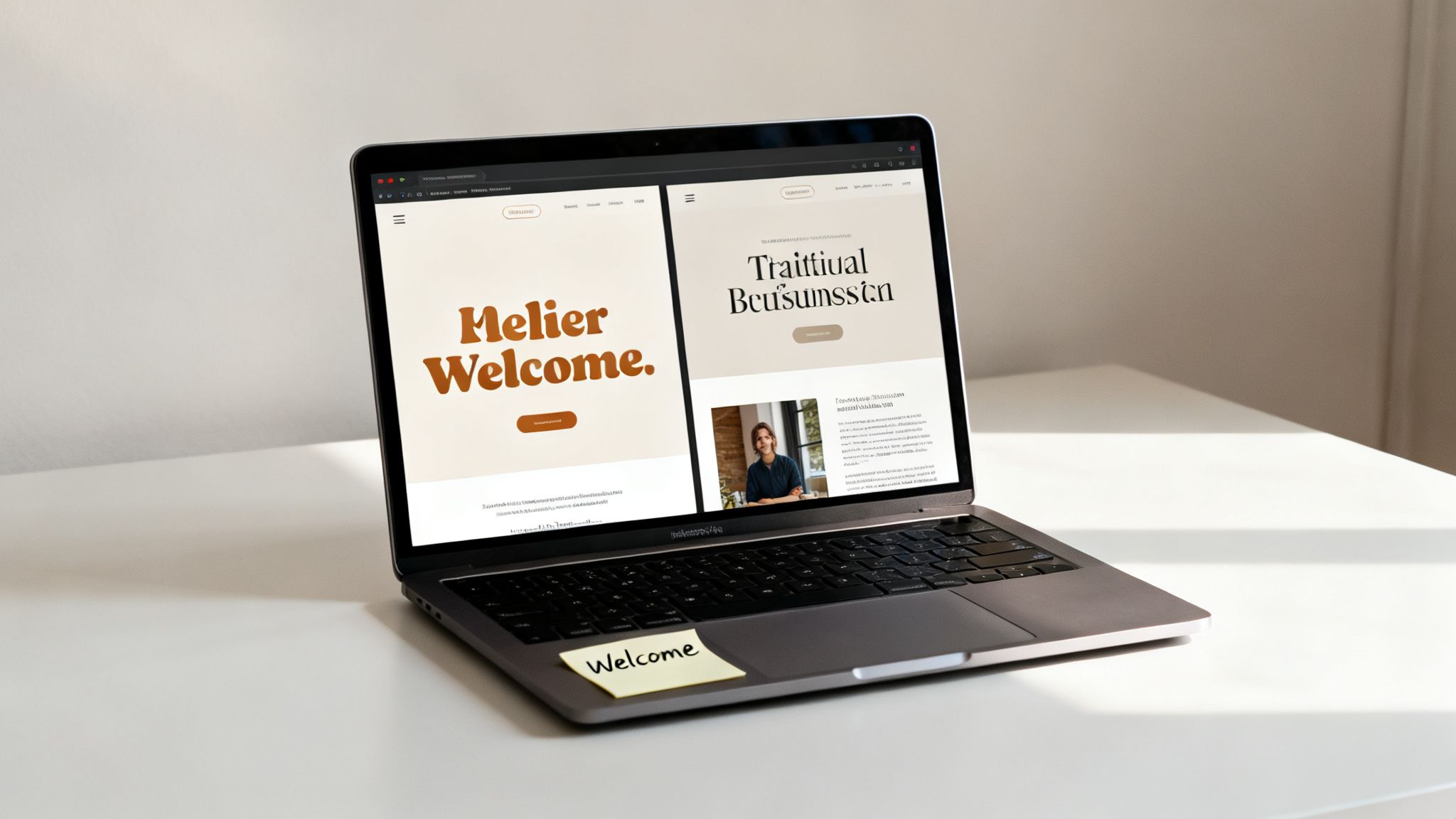 A MacBook Pro on a white desk displays two website designs, with a 'Welcome' sticky note on the keyboard.