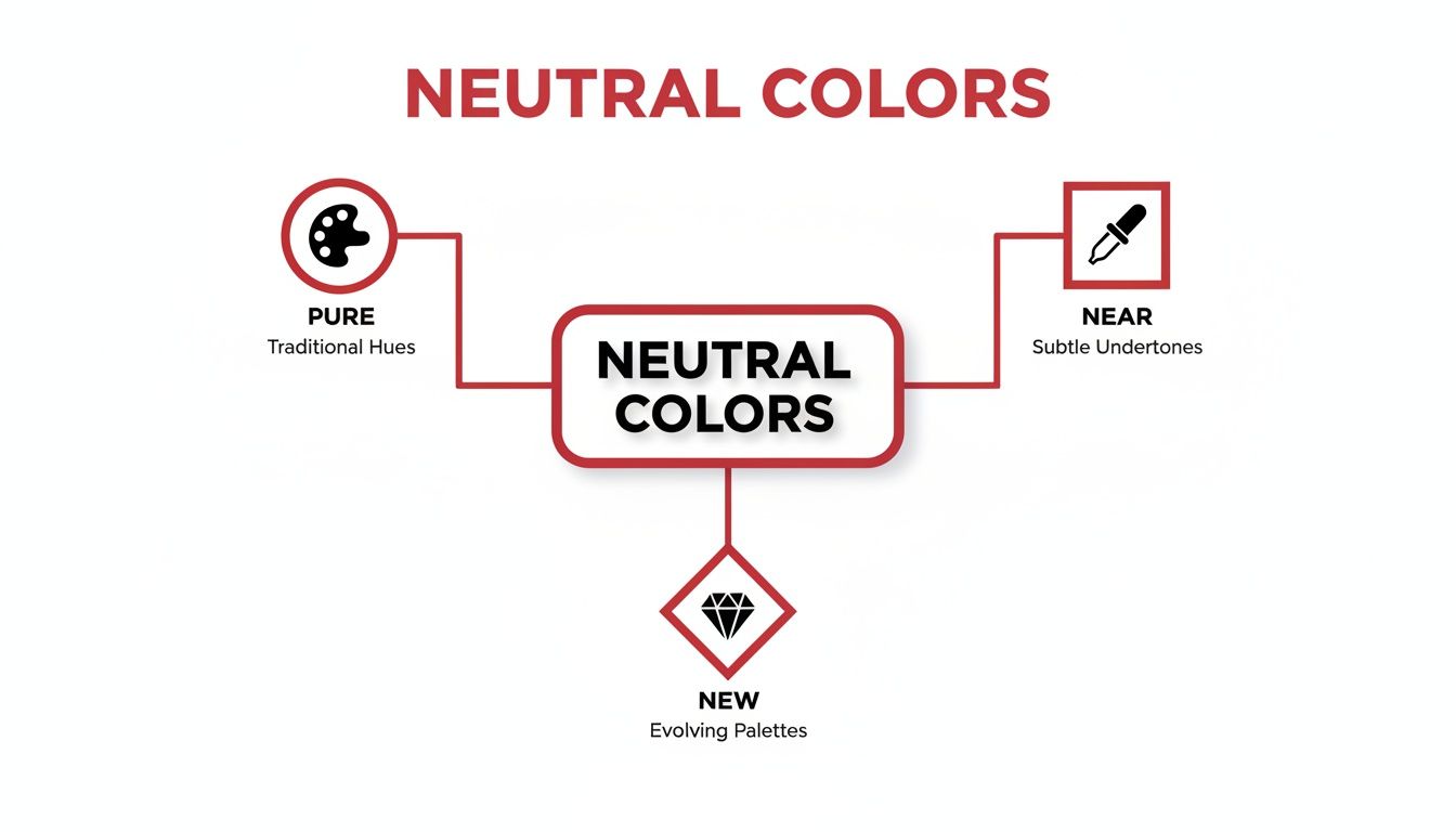 Infographic explaining neutral colors and their categories: Pure, Near, and New palettes.