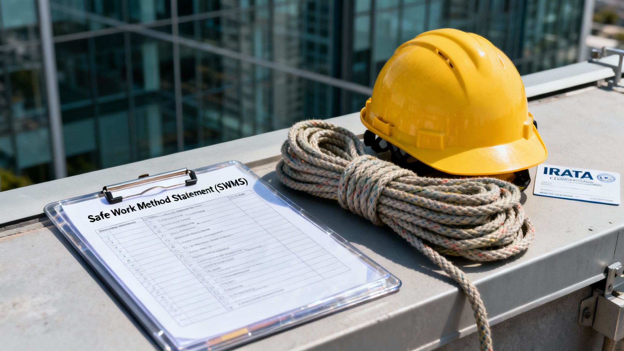 A high-rise window cleaner carefully checks their safety equipment while abseiling down a skyscraper.